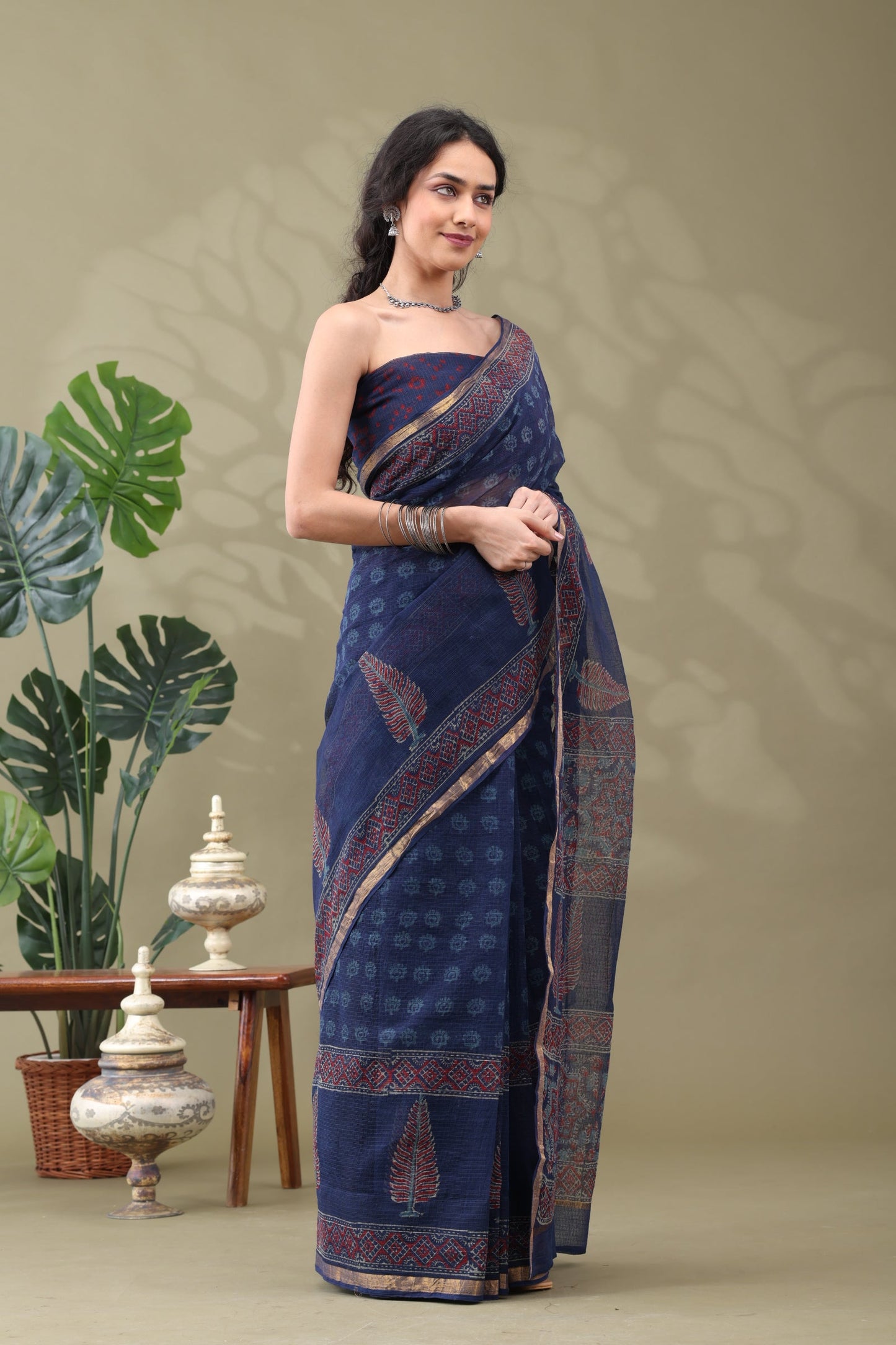 Navya Indigo Zari Border Cotton Kotta Doriya Saree.