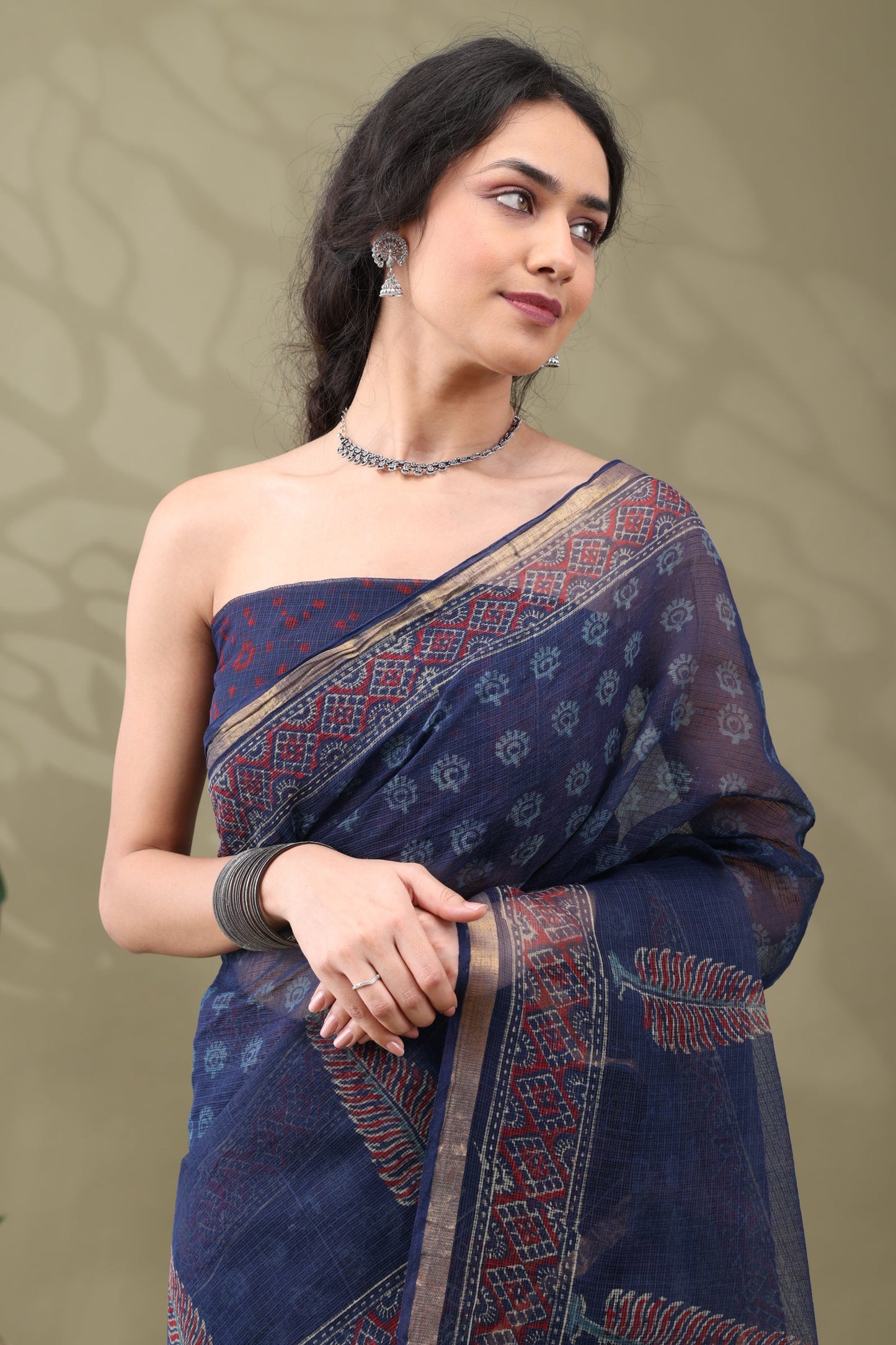 Navya Indigo Zari Border Cotton Kotta Doriya Saree.