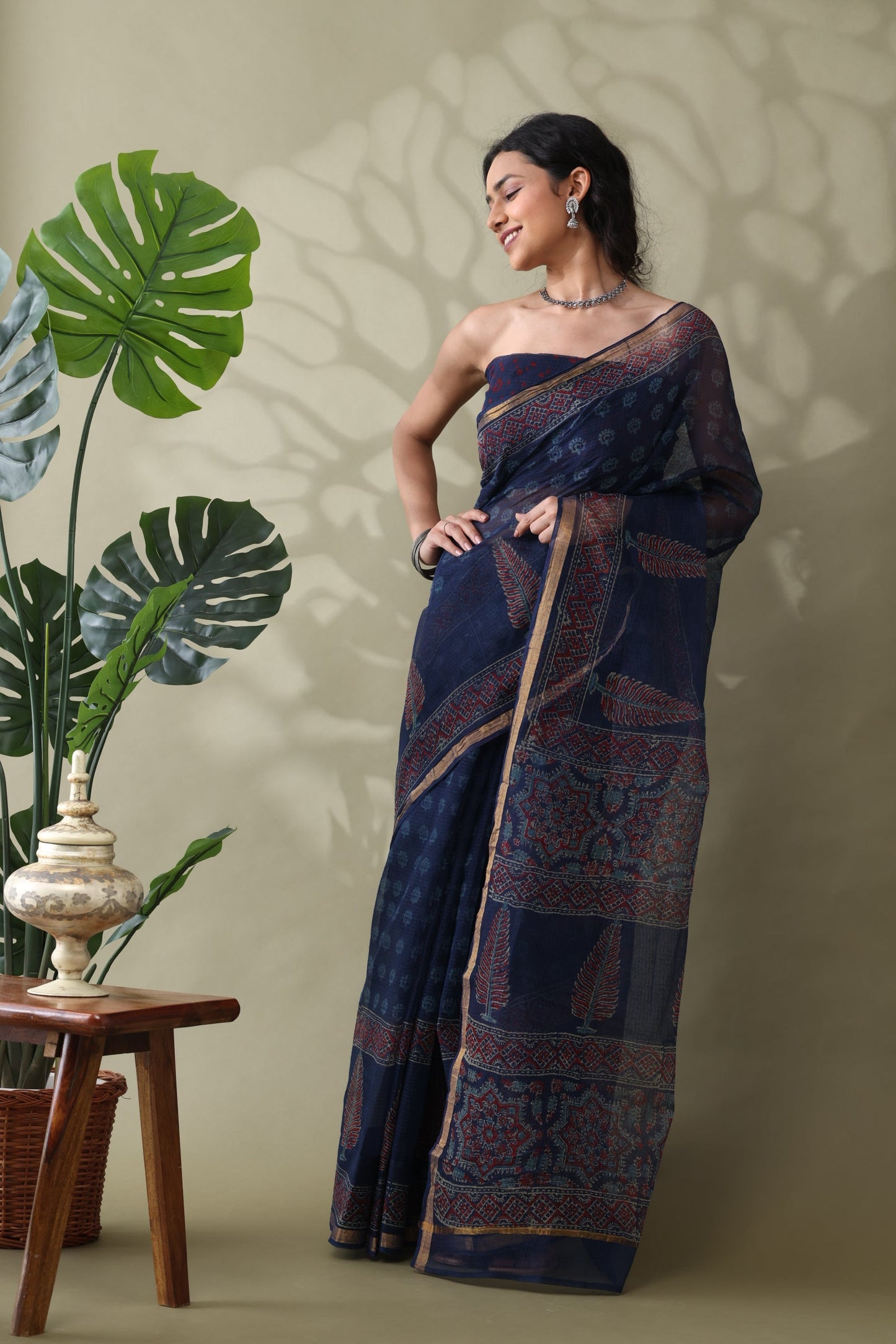 Navya Indigo Zari Border Cotton Kotta Doriya Saree.