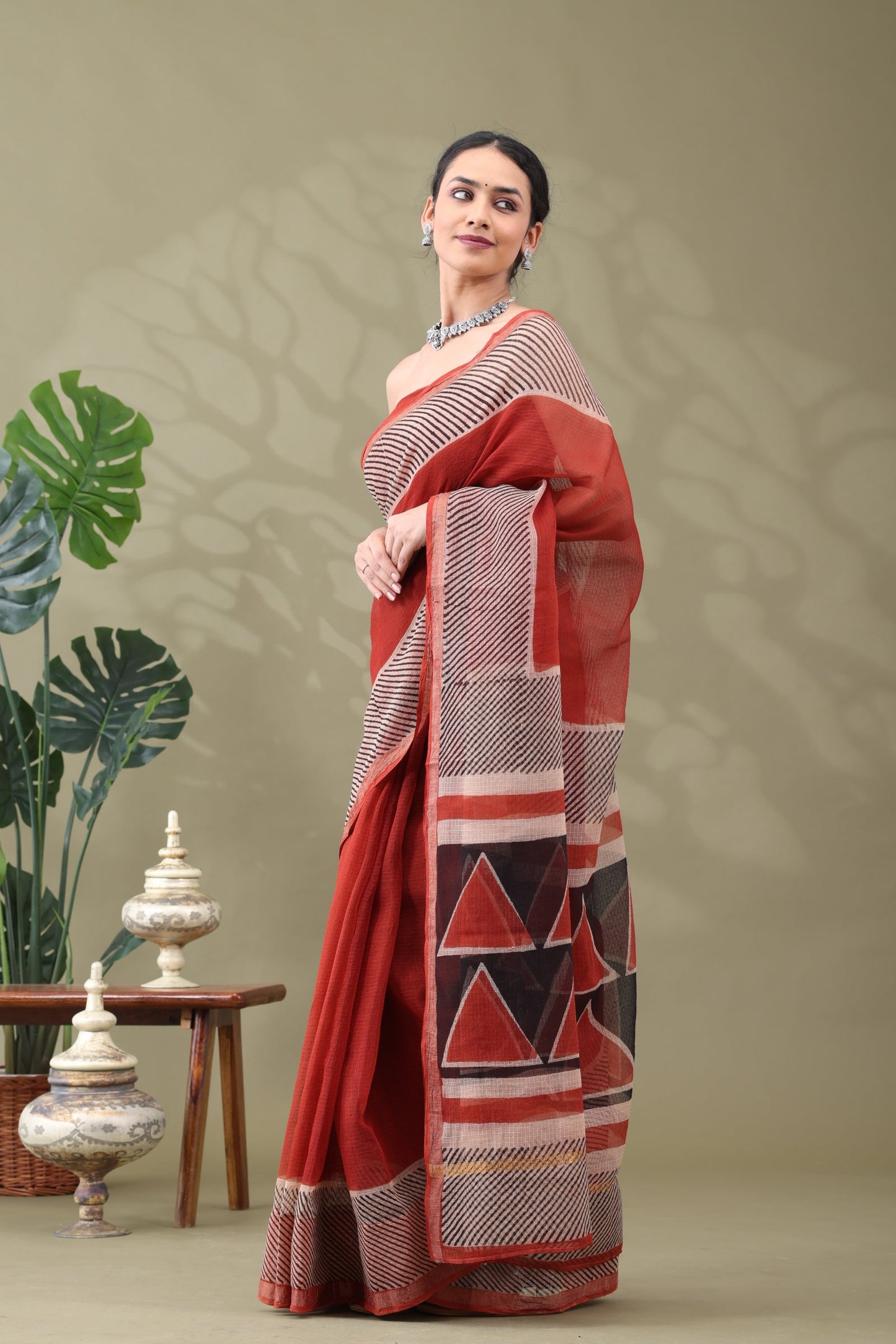Navya Rust Striped Border Cotton Kotta Doriya Saree.