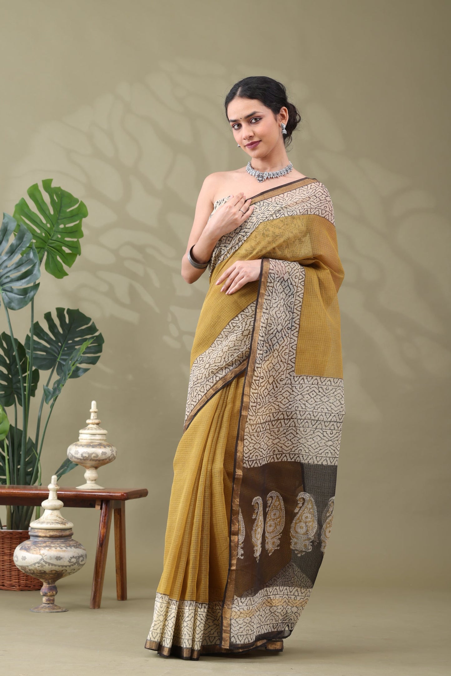 Navya Gold Yellow Geometric Border Cotton Kotta Doriya Saree.