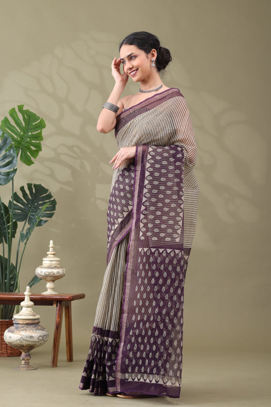 Navya Striped Mauve leaf Border Cotton Kotta Doriya Saree.