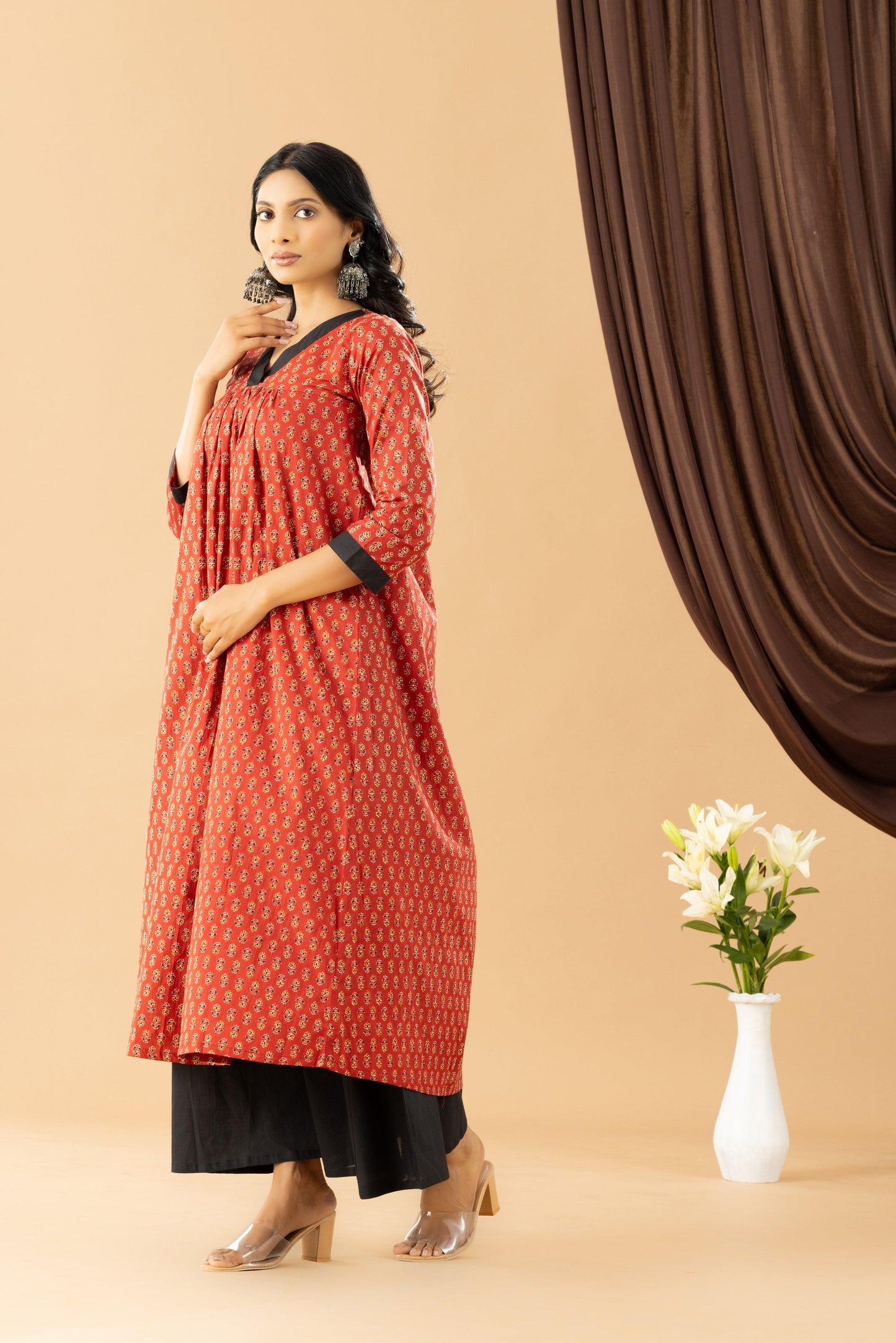 Bahaar Brick Rust Block Print Kurta  Set