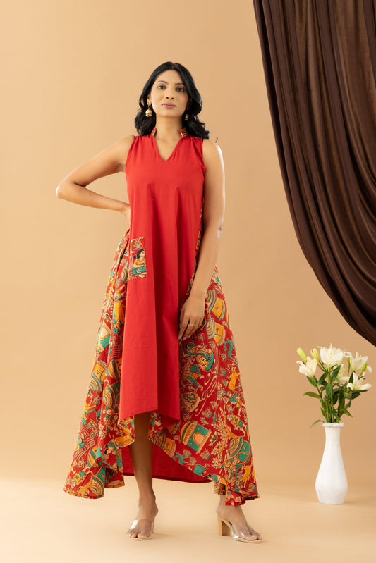 Bahaar Red Kalamkari Assymetrical Dress