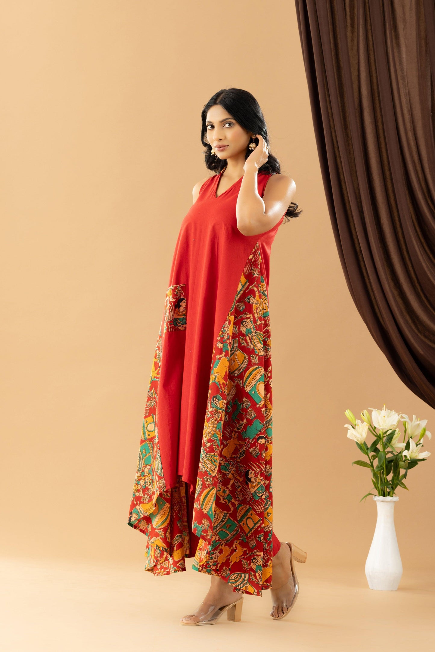 Bahaar Red Kalamkari Assymetrical Dress