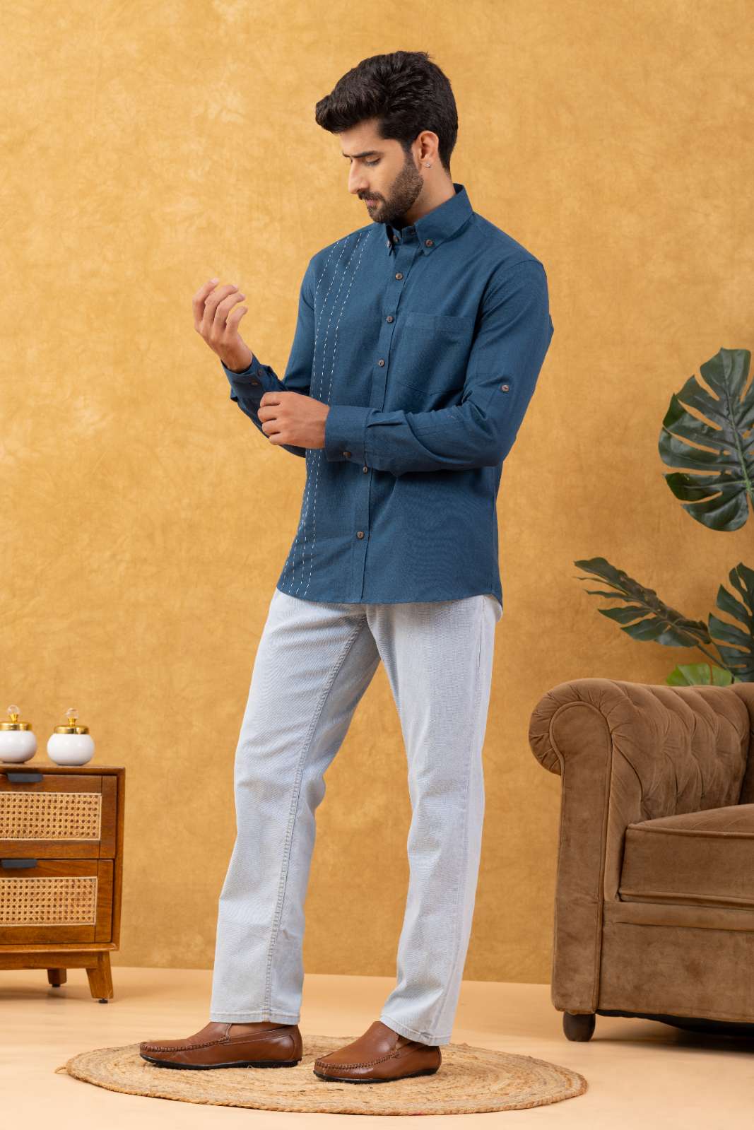 Navrang Men's Teal Linen Slim Fit Shirt – Sizes XS to 6XL