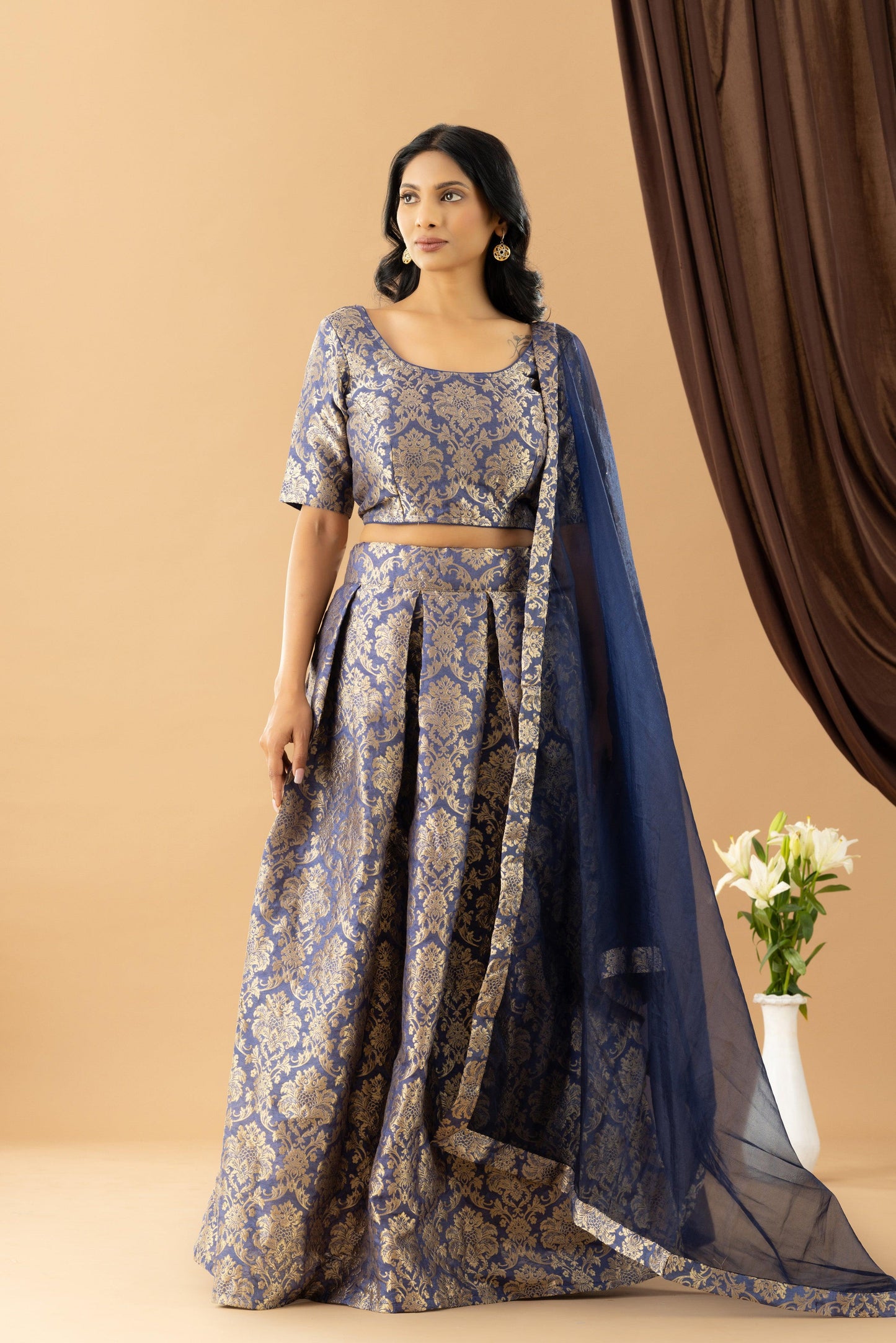 Bahaar Ink Blue Jacquard Skirt Blouse Dupatta Set