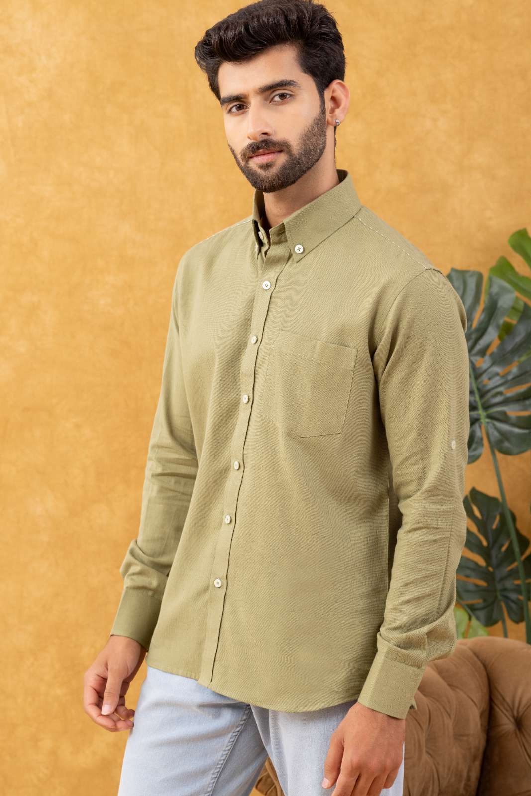 Navrang Men's Sage Green Linen Slim Fit Shirt – Sizes XS to 6XL