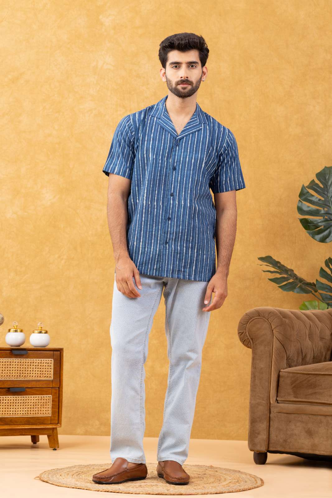 Navrang Men's Indigo Dabu Hand Block Striped Cotton Shirt – Sizes XS to 6XL