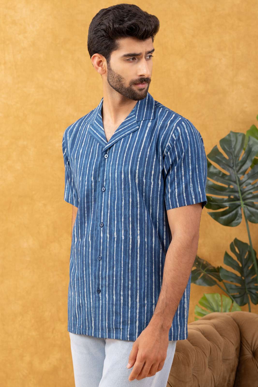 Navrang Men's Indigo Dabu Hand Block Striped Cotton Shirt – Sizes XS to 6XL
