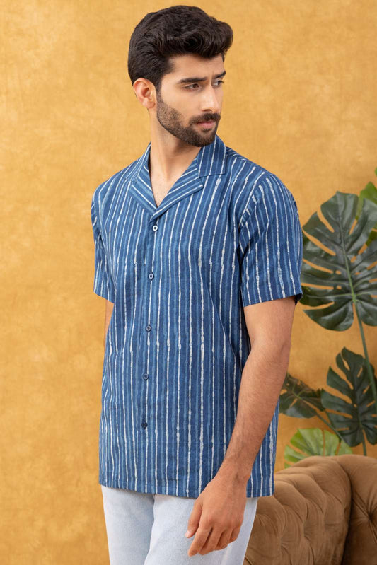 Navrang Men's Indigo Dabu Hand Block Striped Cotton Shirt – Sizes XS to 6XL