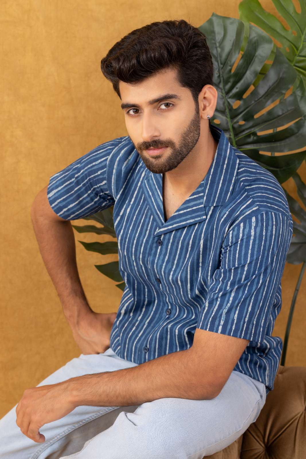 Navrang Men's Indigo Dabu Hand Block Striped Cotton Shirt – Sizes XS to 6XL