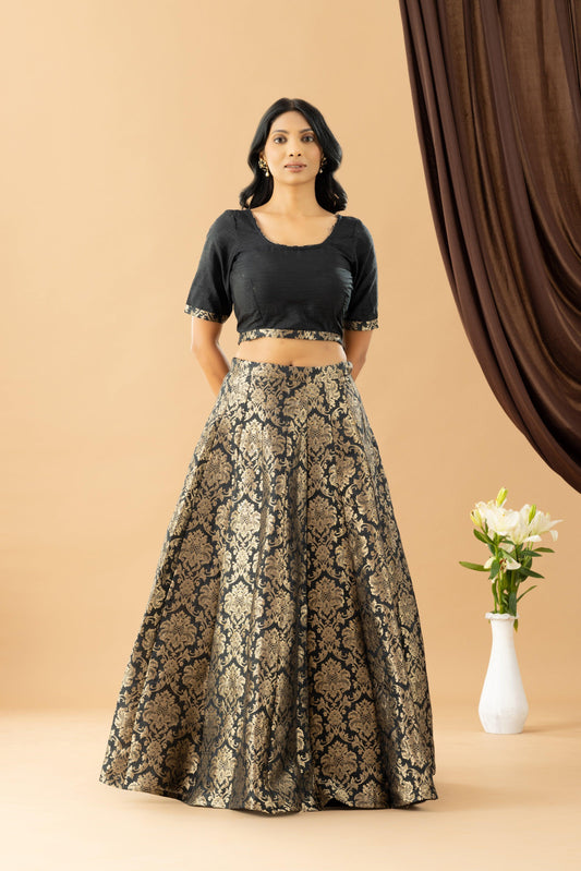 Bahaar Black Jacquard Raw Silk Blouse Skirt Set