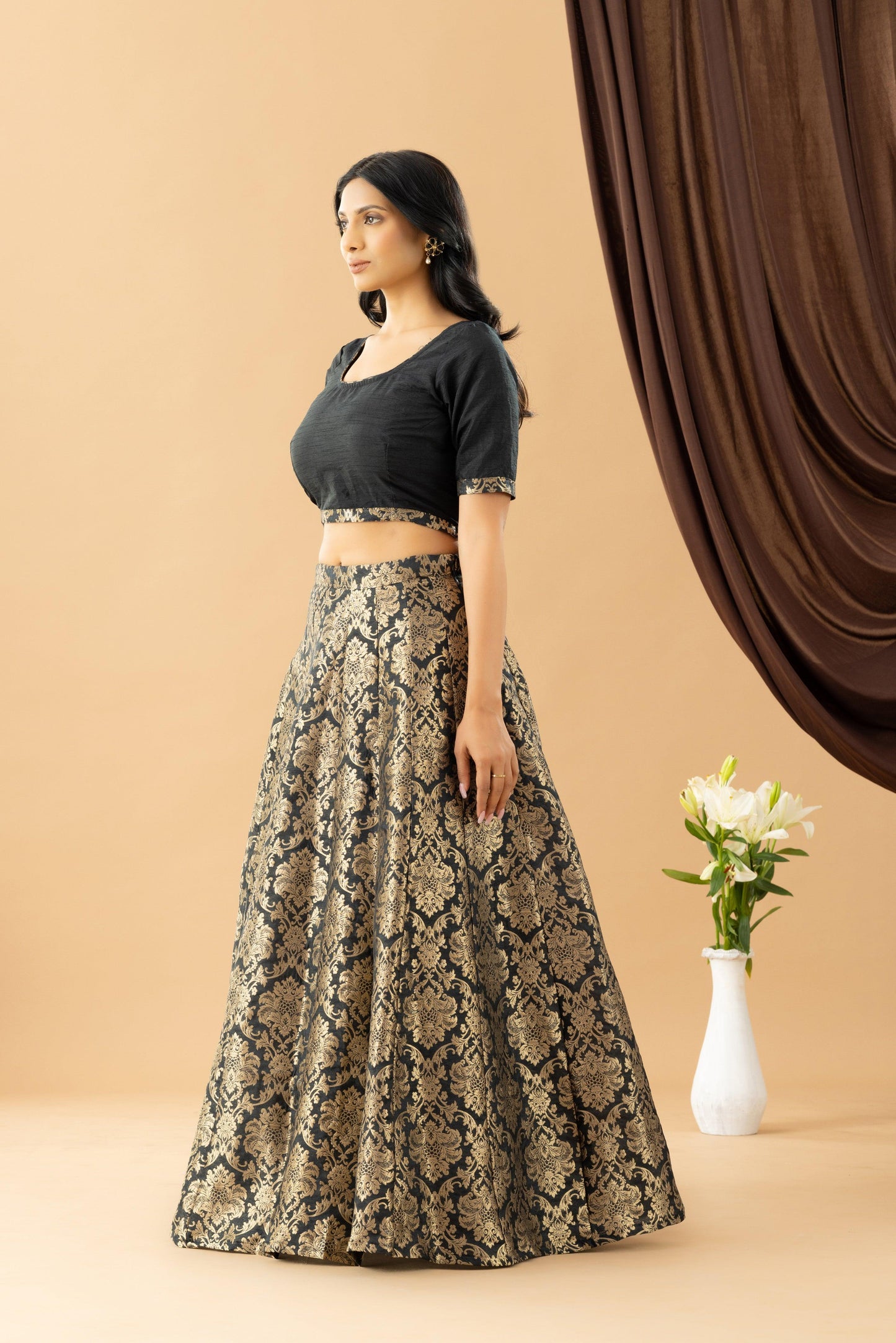 Bahaar Black Jacquard Raw Silk Blouse Skirt Set