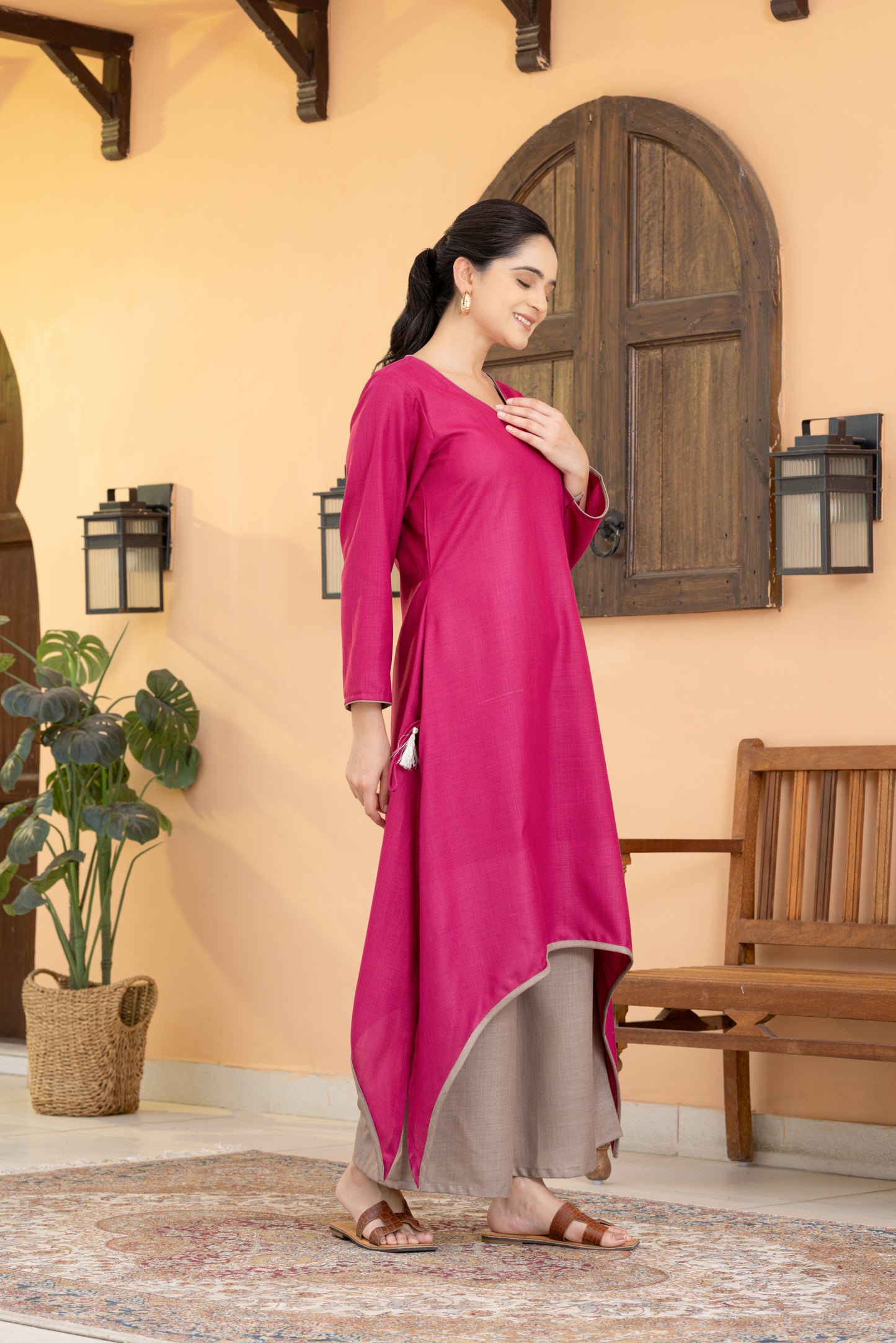 Jugni  Plum Wine And Grey Assymetrical kurta Set