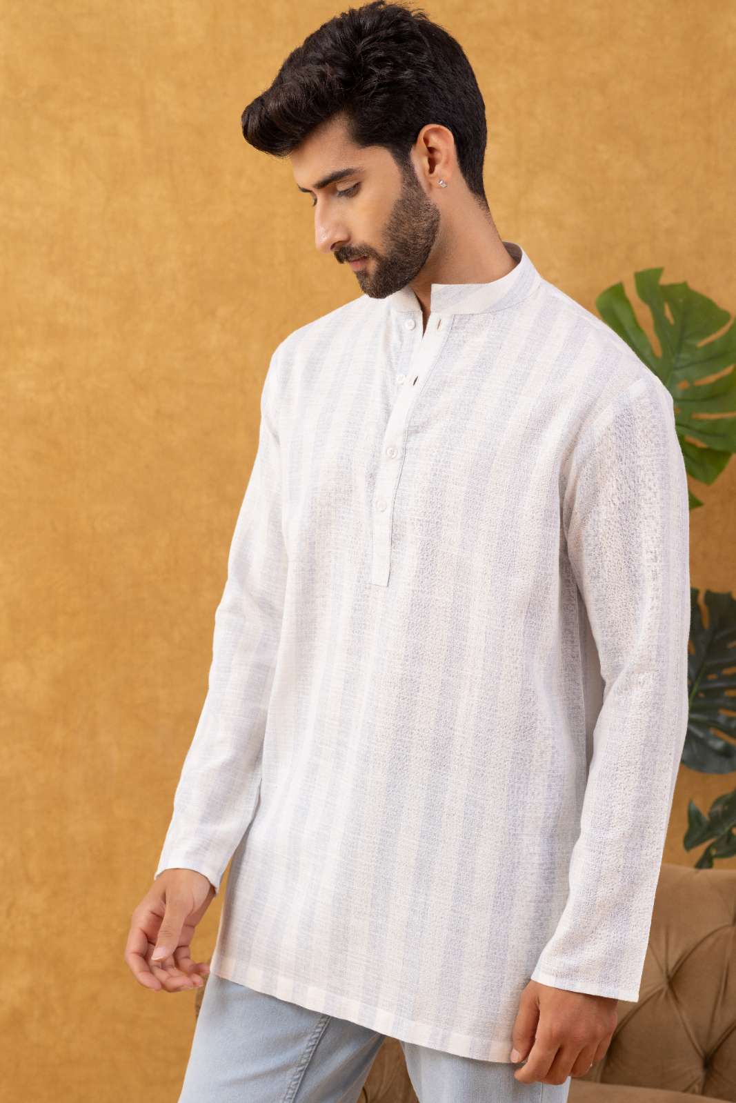 Navrang Men's White Striped Cotton Short Kurta – Sizes XS to 6XL