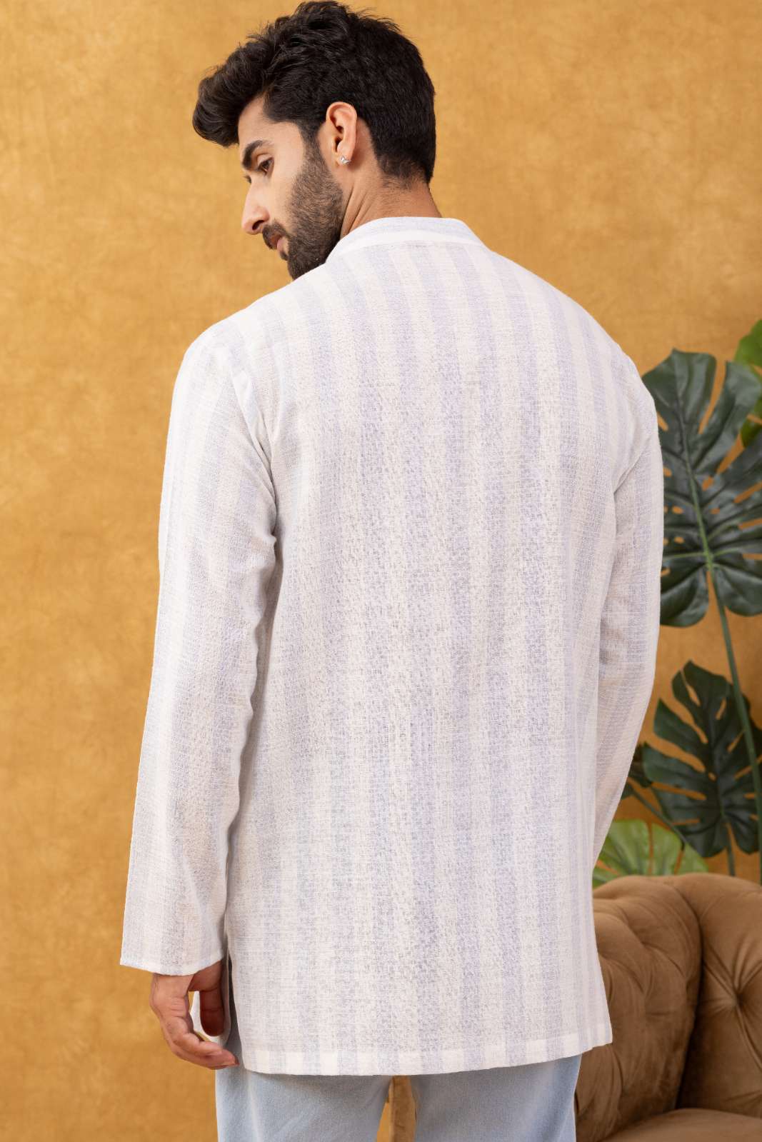 Navrang Men's White Striped Cotton Short Kurta – Sizes XS to 6XL