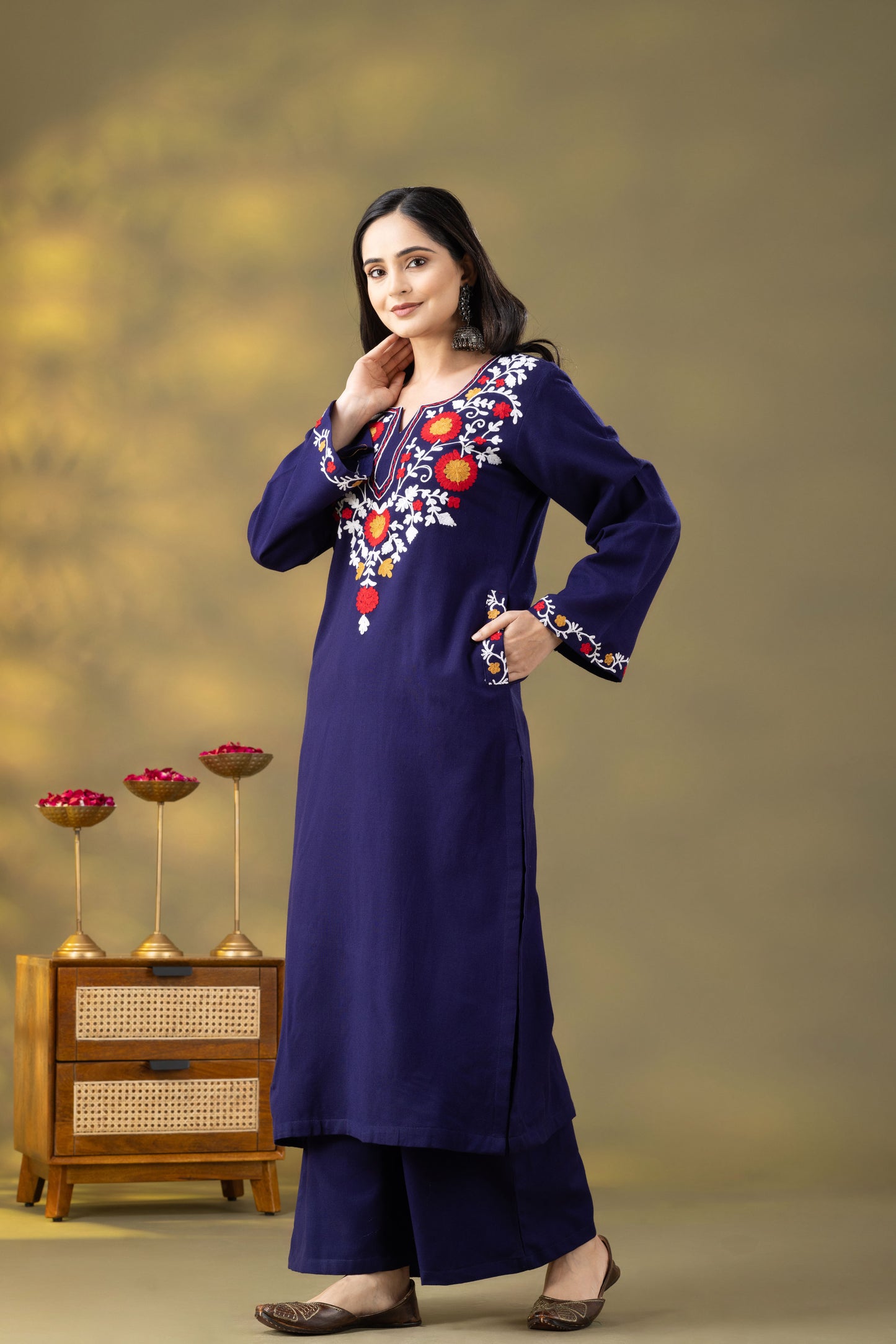 Utsaah Navy Woolen  Multi Embroidery Kurta Set