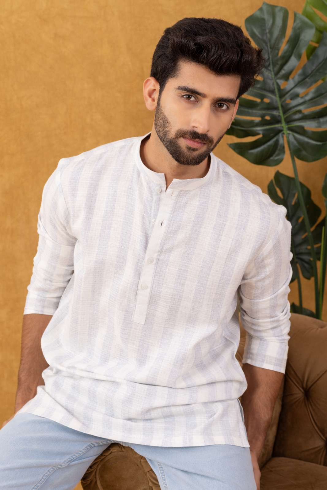 Navrang Men's White Striped Cotton Short Kurta – Sizes XS to 6XL
