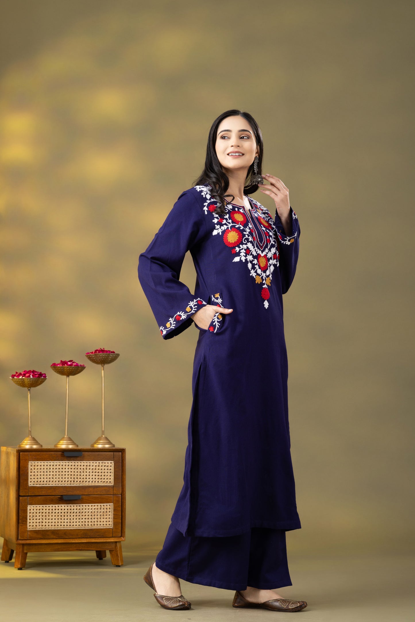 Utsaah Navy Woolen  Multi Embroidery Kurta Set