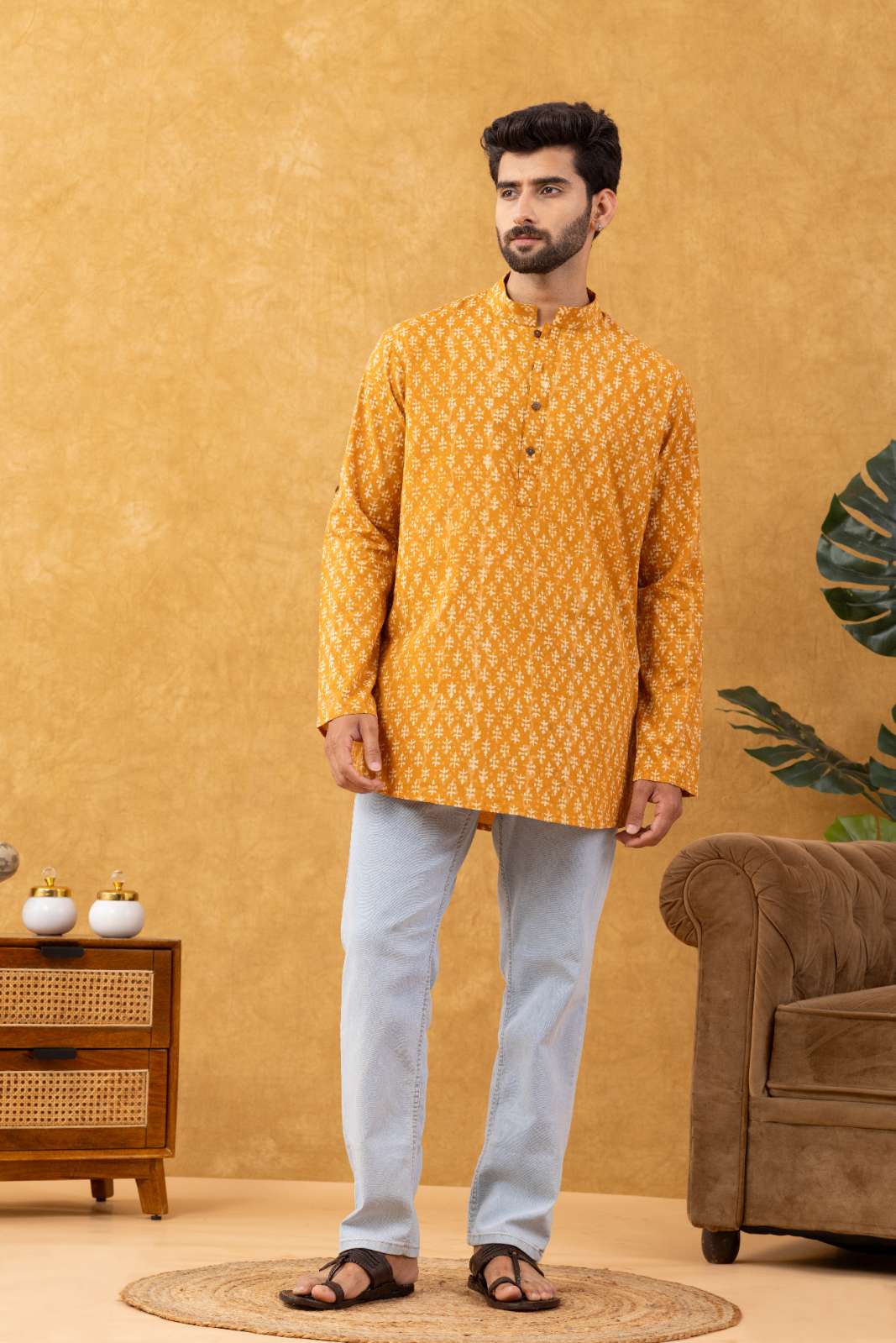Navrang Men's Mustard Block Print Cotton Short Kurta – Sizes XS to 6XL
