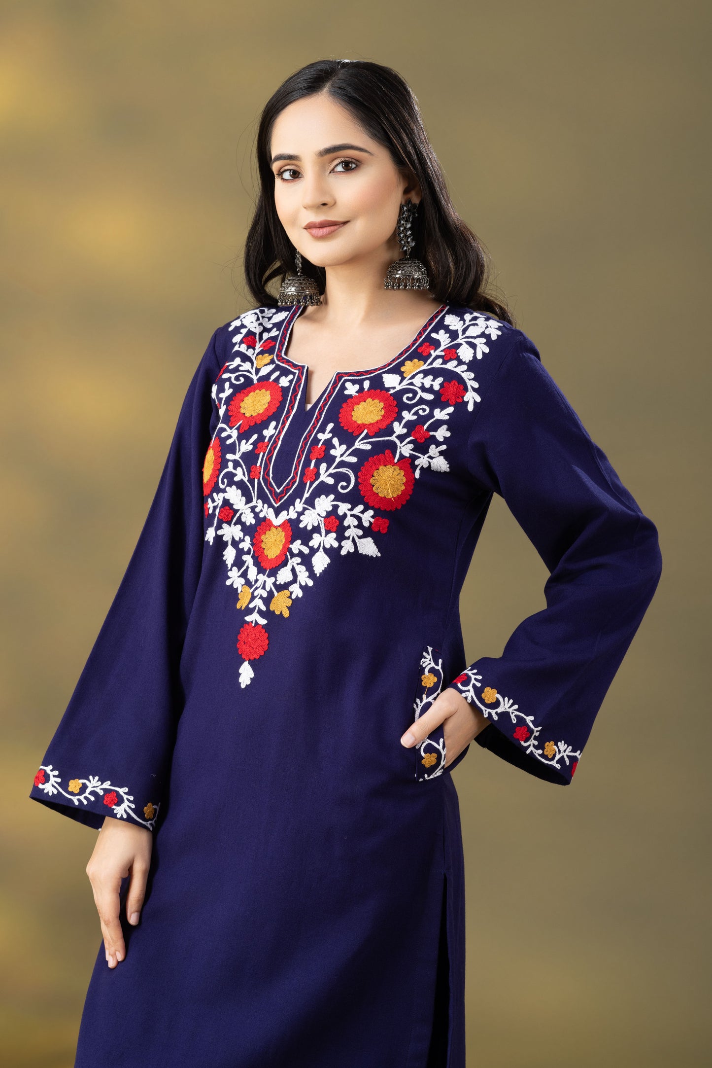 Utsaah Navy Woolen  Multi Embroidery Kurta Set