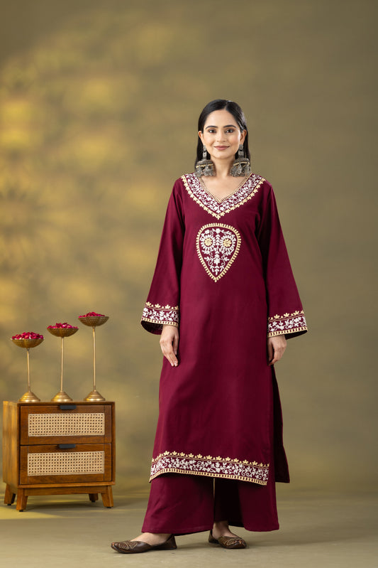 Utsaah Wine Woolen Aari Embroidery Kurta Set