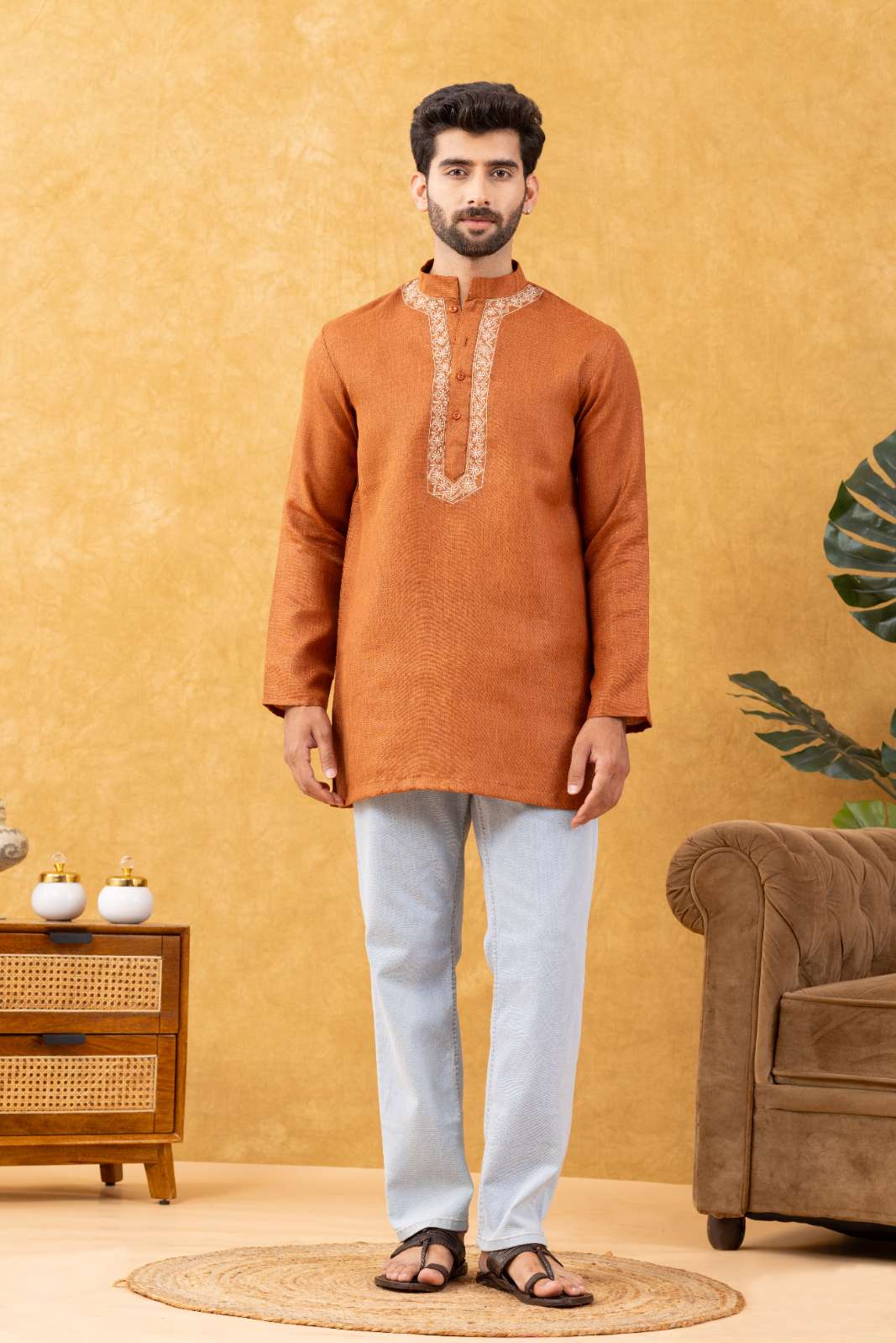 Navrang Men's Rust Pure Cotton Short Kurta – Sizes XS to 6XL