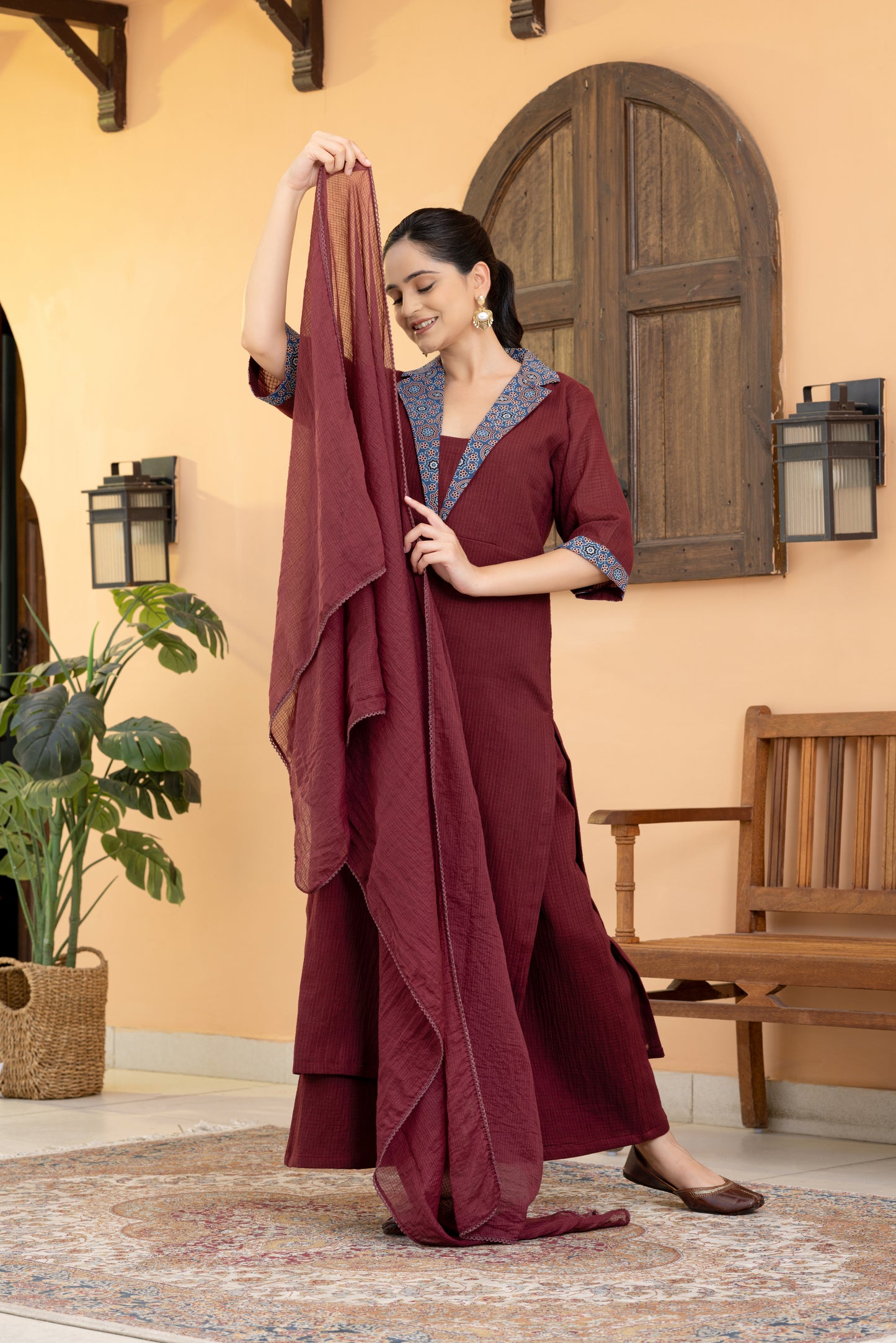 Jugni  Maroon Ajrakh Coat collar Kurta Set