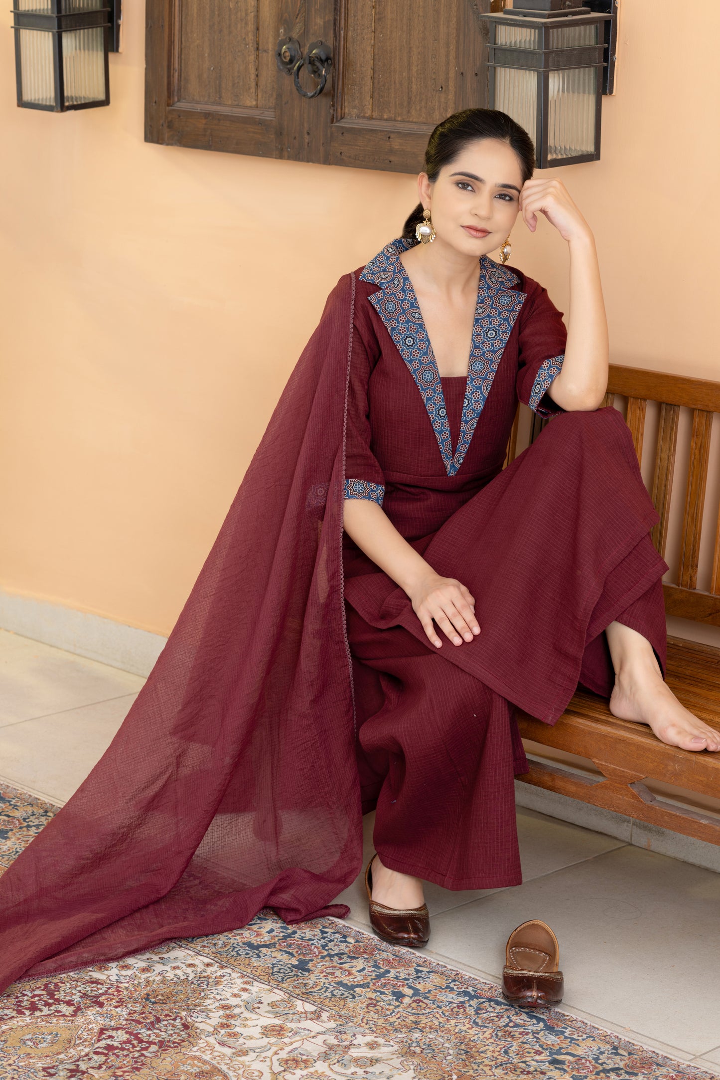 Jugni  Maroon Ajrakh Coat collar Kurta Set