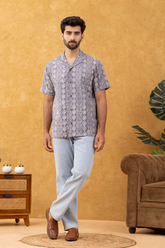 Navrang Men's Grey Block Print Casual Shirt – Sizes XS to 6XL