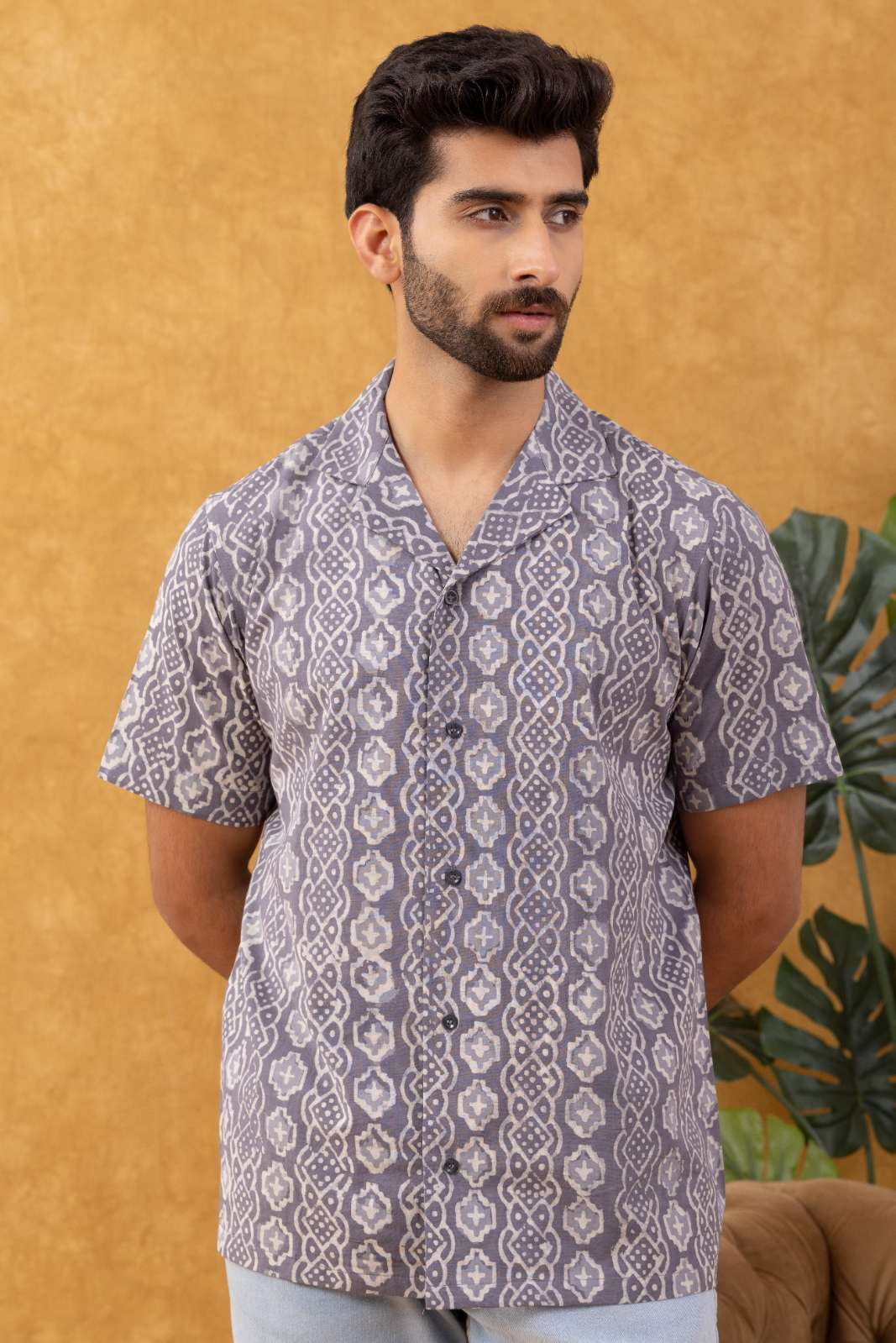Navrang Men's Grey Block Print Casual Shirt – Sizes XS to 6XL