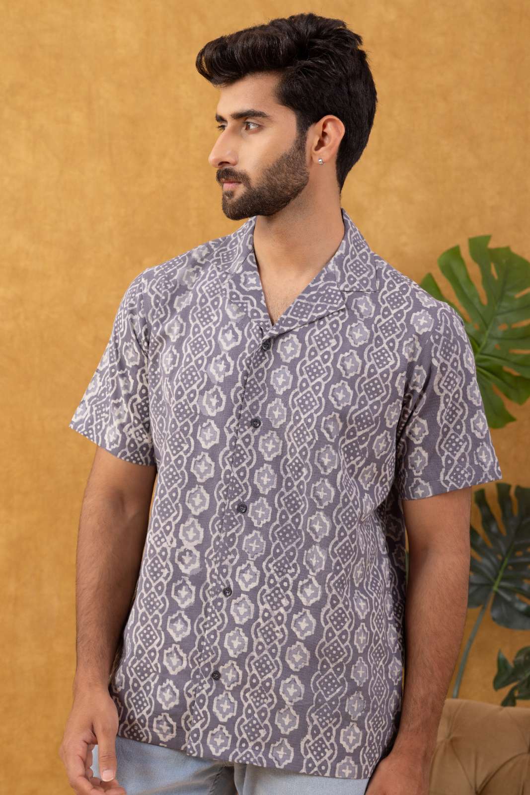 Navrang Men's Grey Block Print Casual Shirt – Sizes XS to 6XL