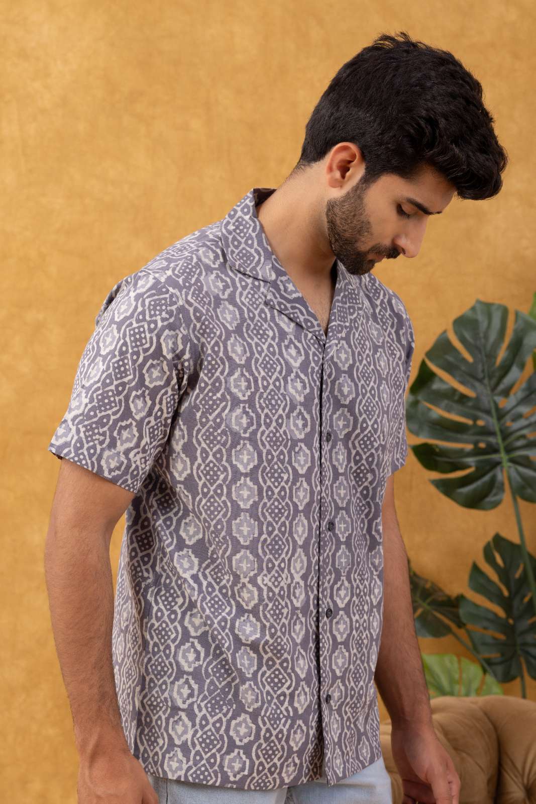 Navrang Men's Grey Block Print Casual Shirt – Sizes XS to 6XL