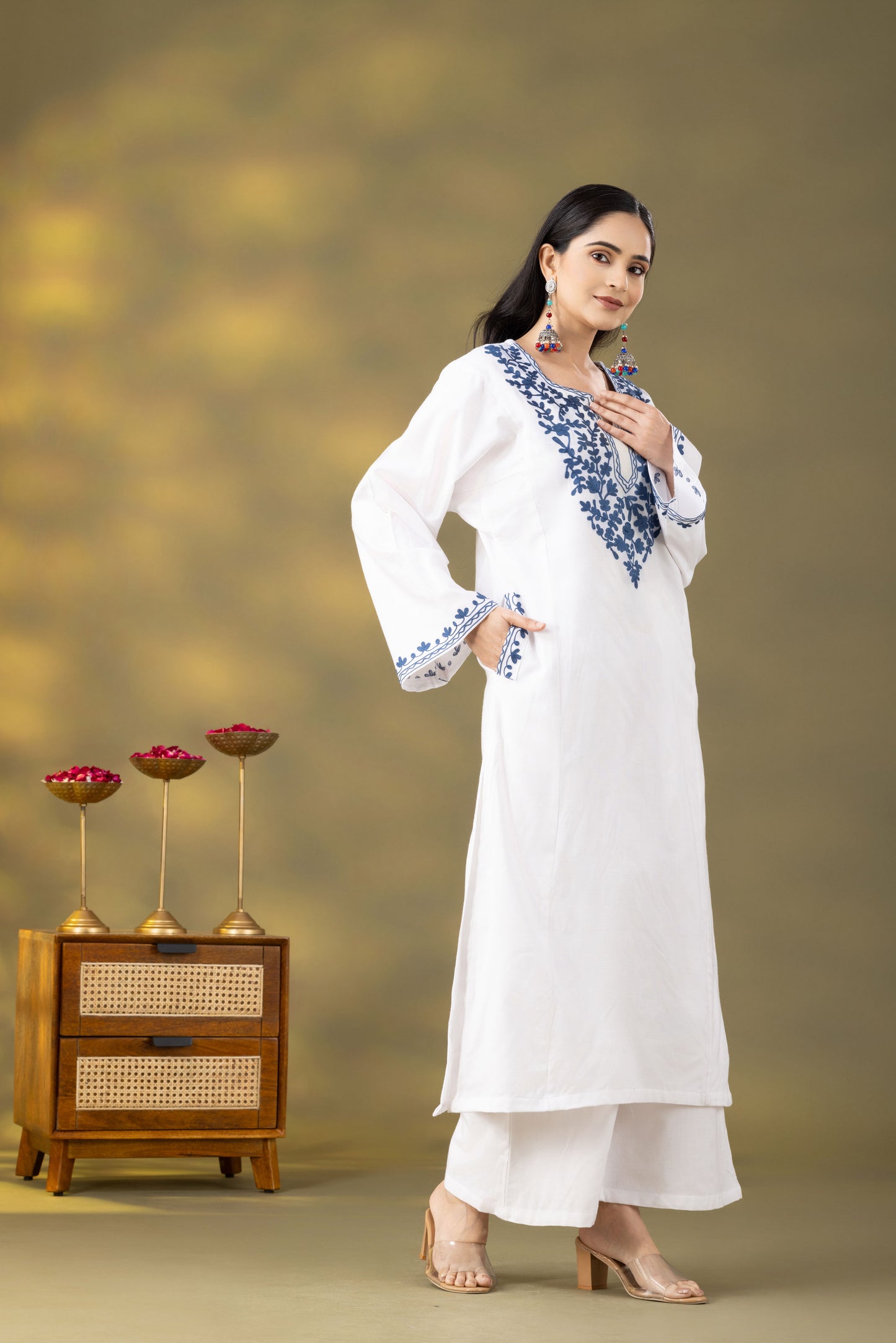 Utsaah White  Embroidered  Phiran Set