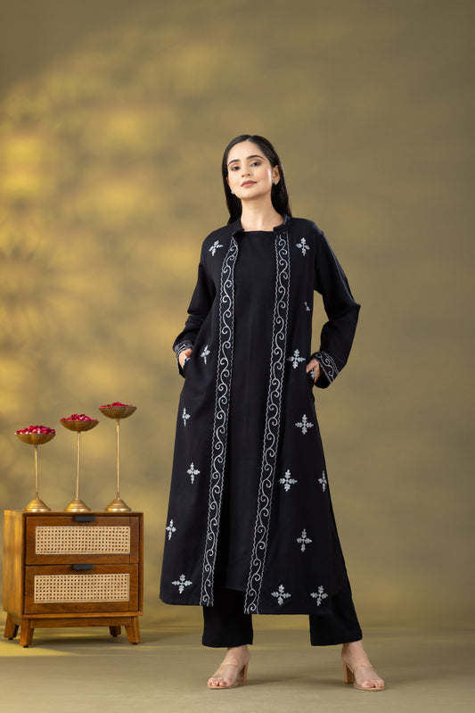 midnight black woolen three piece set, black woolen three piece set for women, woolen three piece suit, black woolen suit, women black woolen suit, black woolen suit ladies, readymade woolen suit, winter woolen suit for women black three piece set with dupatta, black woolen kurta set, black woolen suit party wear, woolen suit for women, black three piece suit ladies, winter suits for women, kashmiri woolen suits for ladies, winter woolen suits for ladies