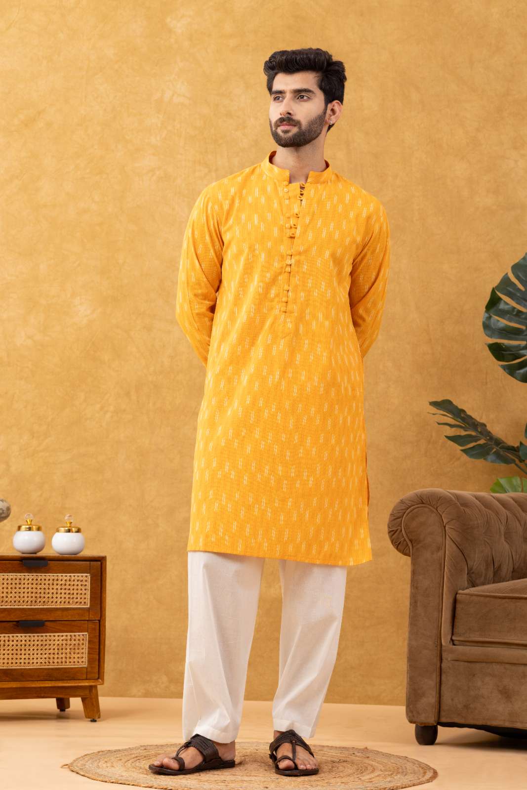Navrang Men's Mustard Ikat Woven Cotton Long Kurta – Sizes XS to 6XL