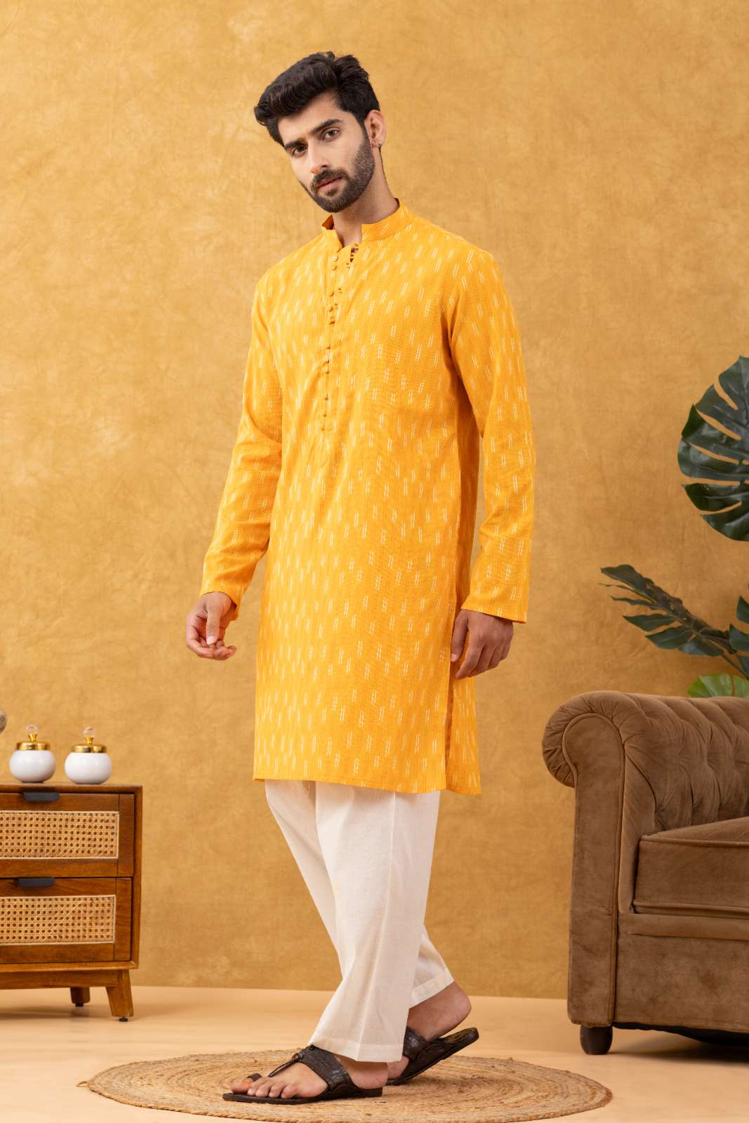 Navrang Men's Mustard Ikat Woven Cotton Long Kurta – Sizes XS to 6XL