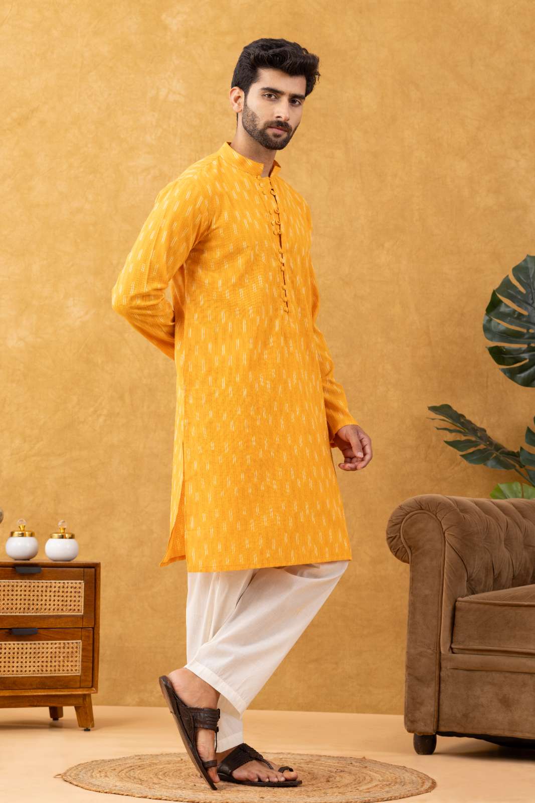 Navrang Men's Mustard Ikat Woven Cotton Long Kurta – Sizes XS to 6XL