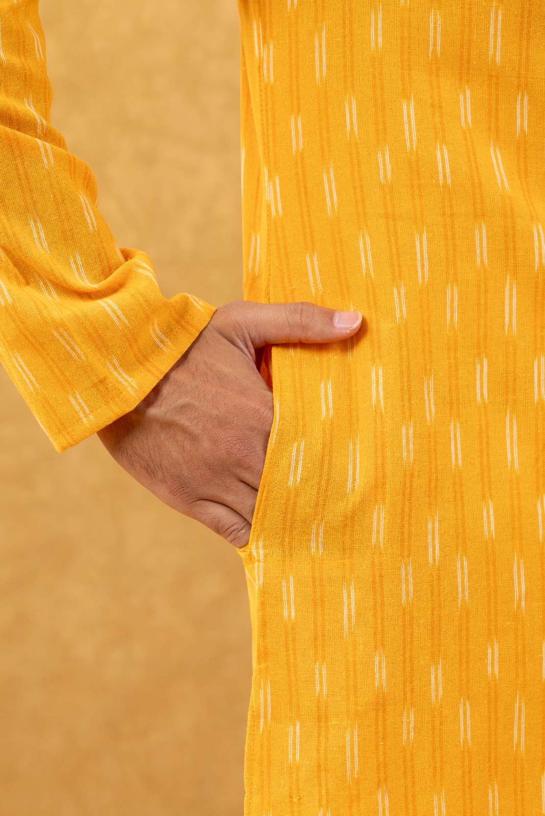 Navrang Men's Mustard Ikat Woven Cotton Long Kurta – Sizes XS to 6XL