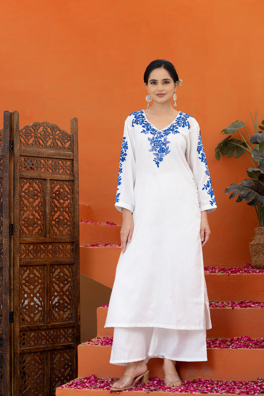 Jugni White Indigo Embroidered Phiran Set