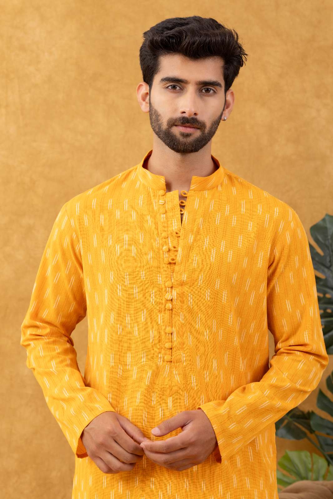 Navrang Men's Mustard Ikat Woven Cotton Long Kurta – Sizes XS to 6XL