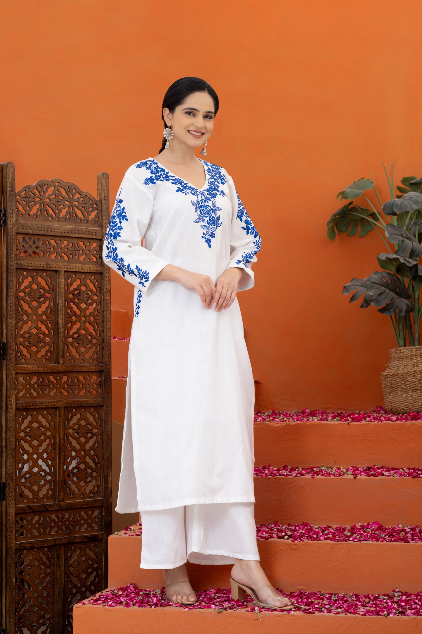 Jugni White Indigo Embroidered Phiran Set