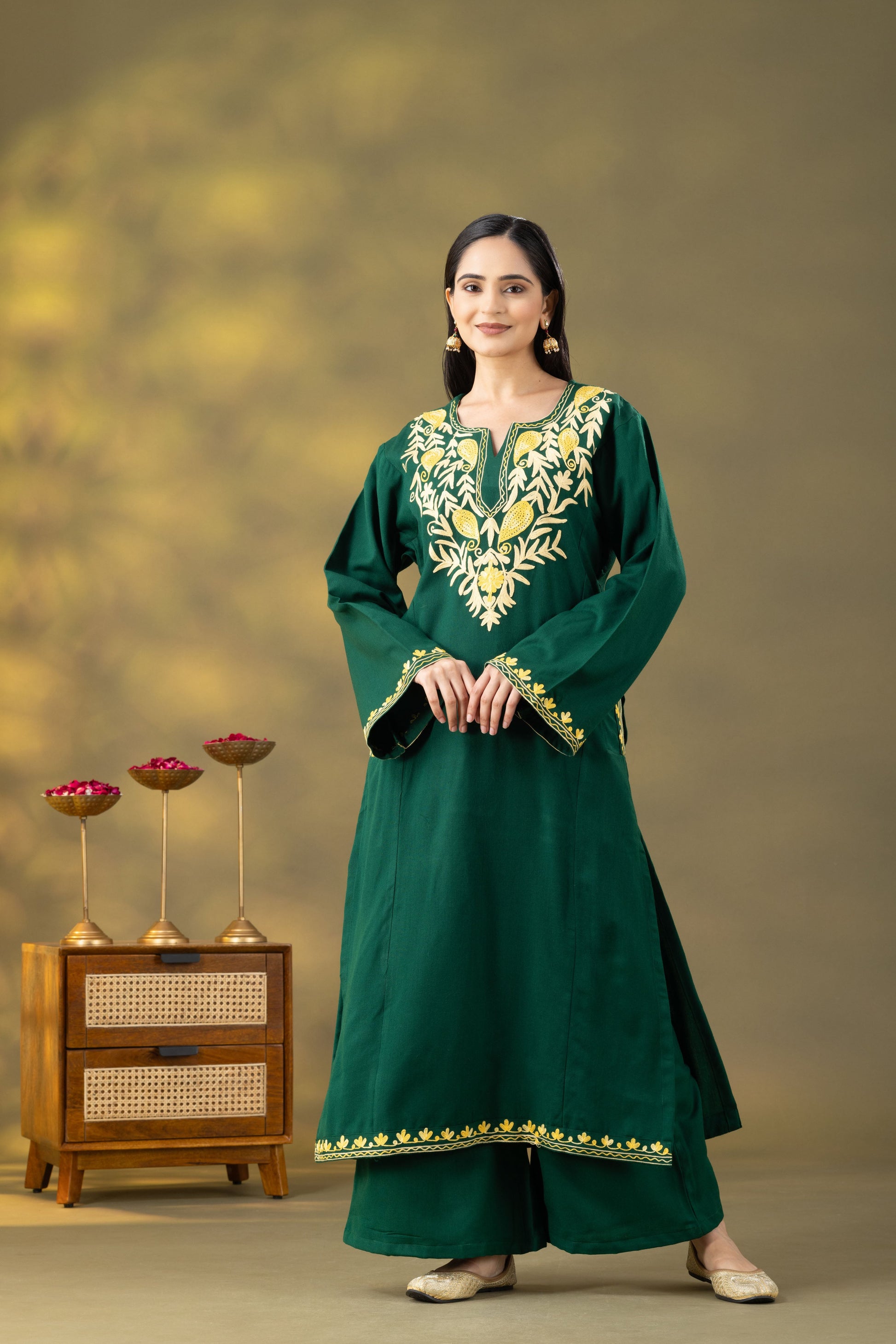 Bottle Green Embroidered Phiran Set | Kashmiri Winter Suit Discover Ethnic Elegance - Raas By Handikart Bottle Green Embroidered Phiran Set | Kashmiri Winter Suit Discover Ethnic Elegance - Raas By Handikart