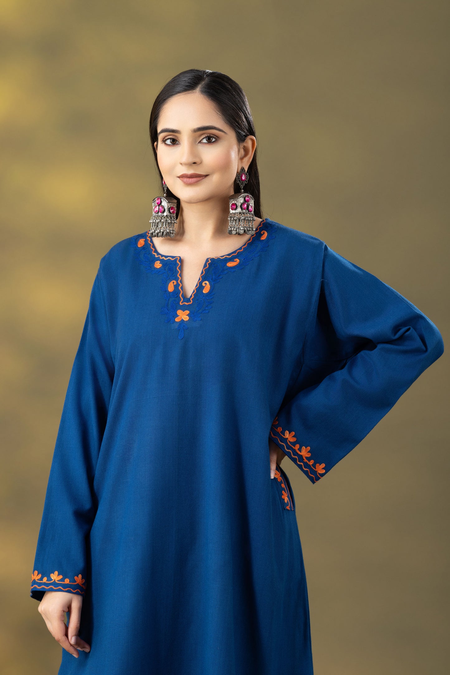 Utsaah Teal Blue Embroidered  Phiran Set