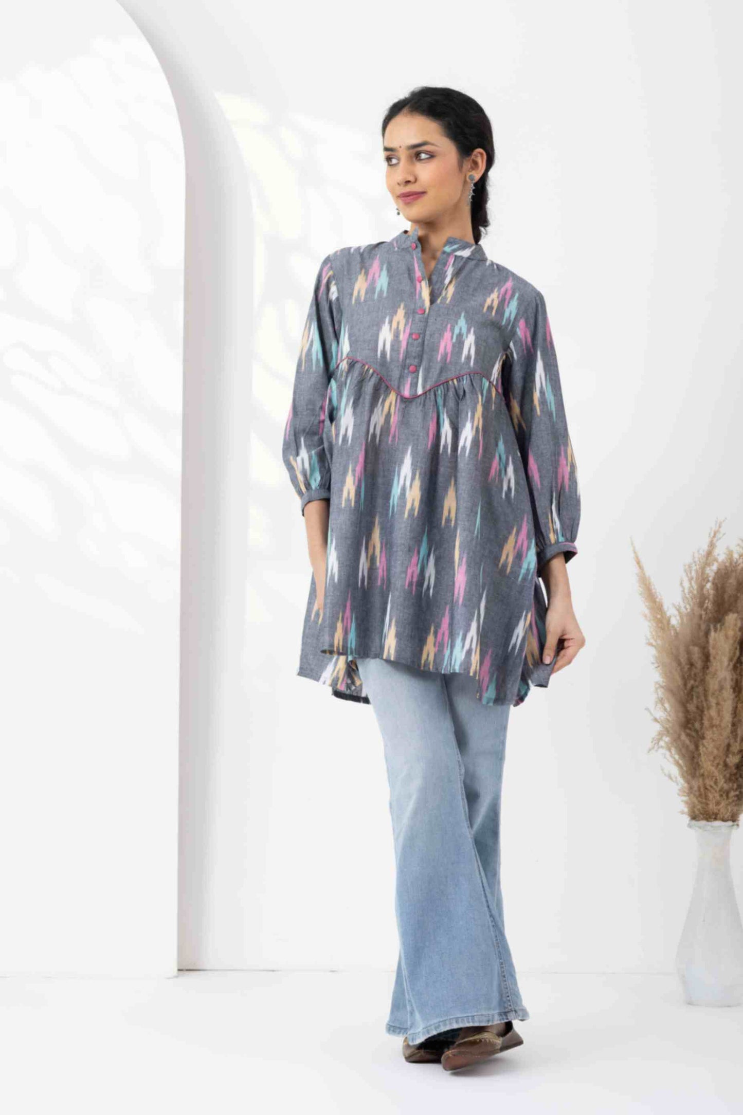 Heer Grey Multi Ikkat Gathered Tunics