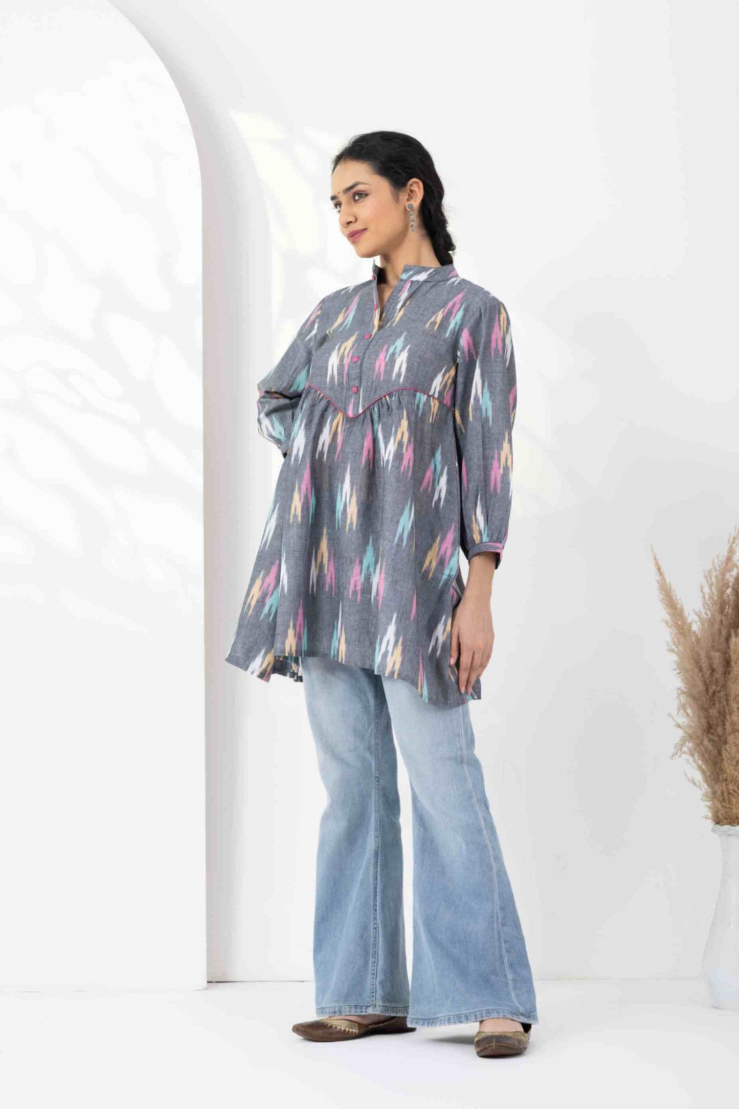 Heer Grey Multi Ikkat Gathered Tunics