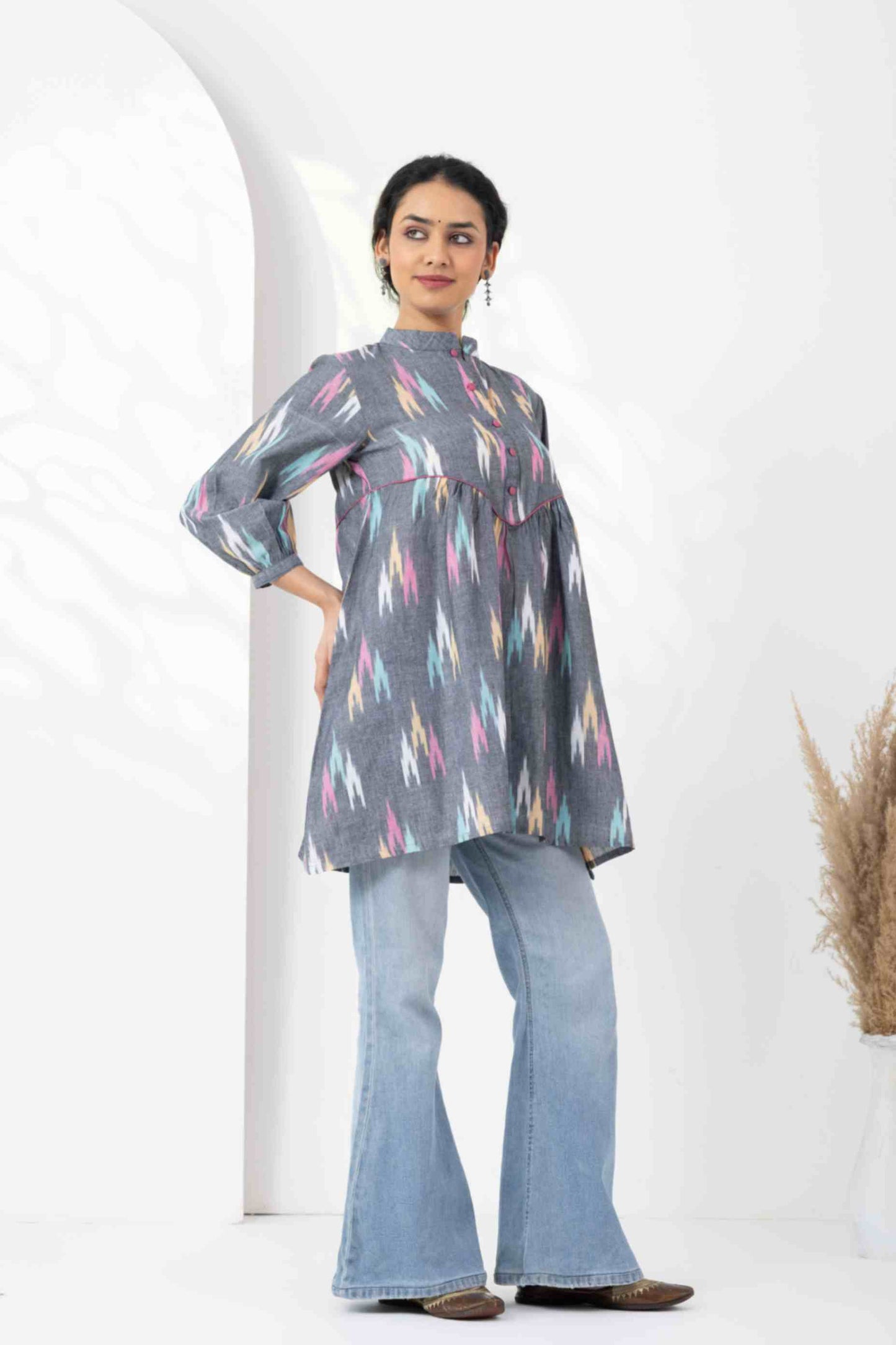 Heer Grey Multi Ikkat Gathered Tunics