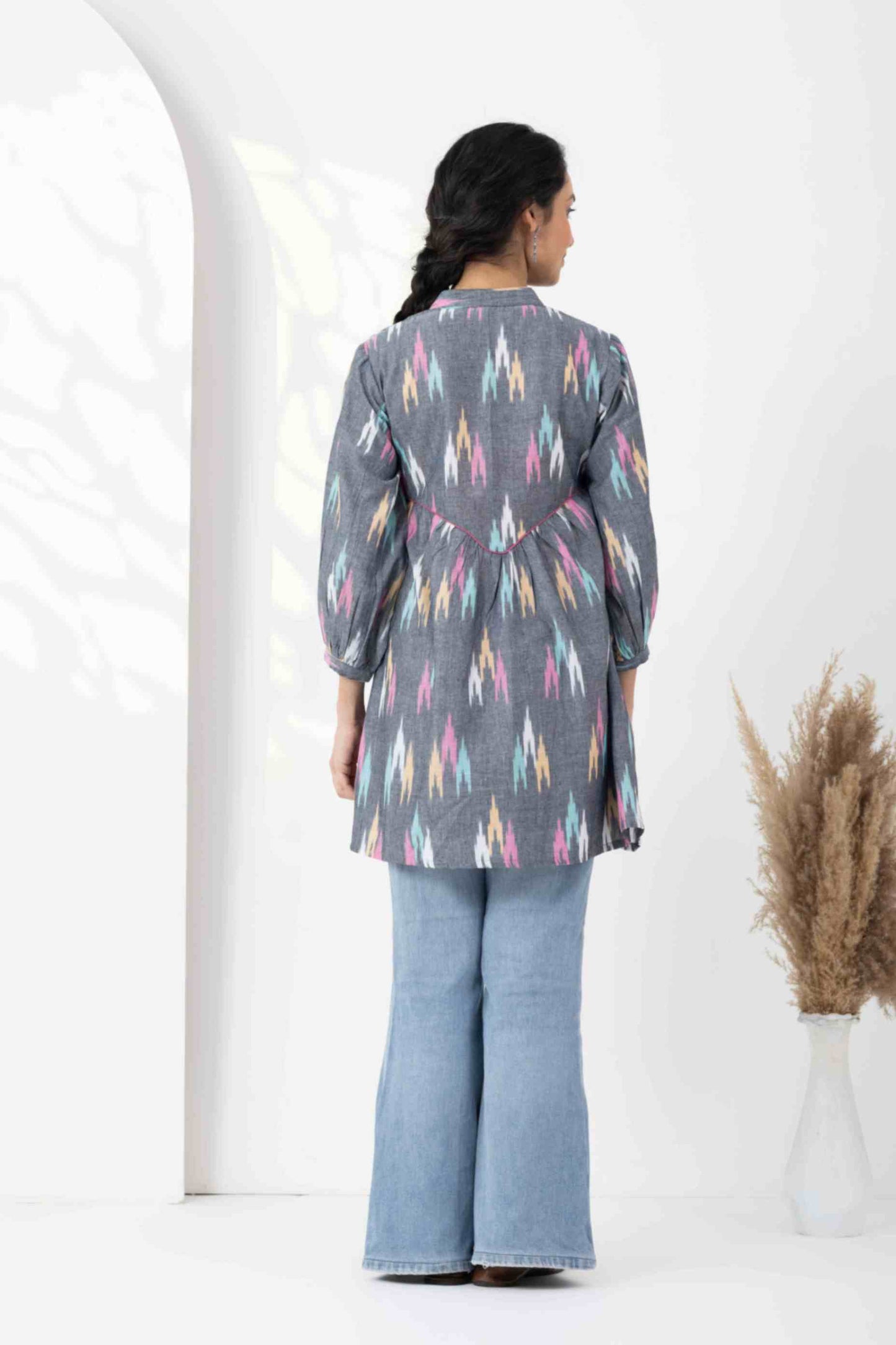 Heer Grey Multi Ikkat Gathered Tunics
