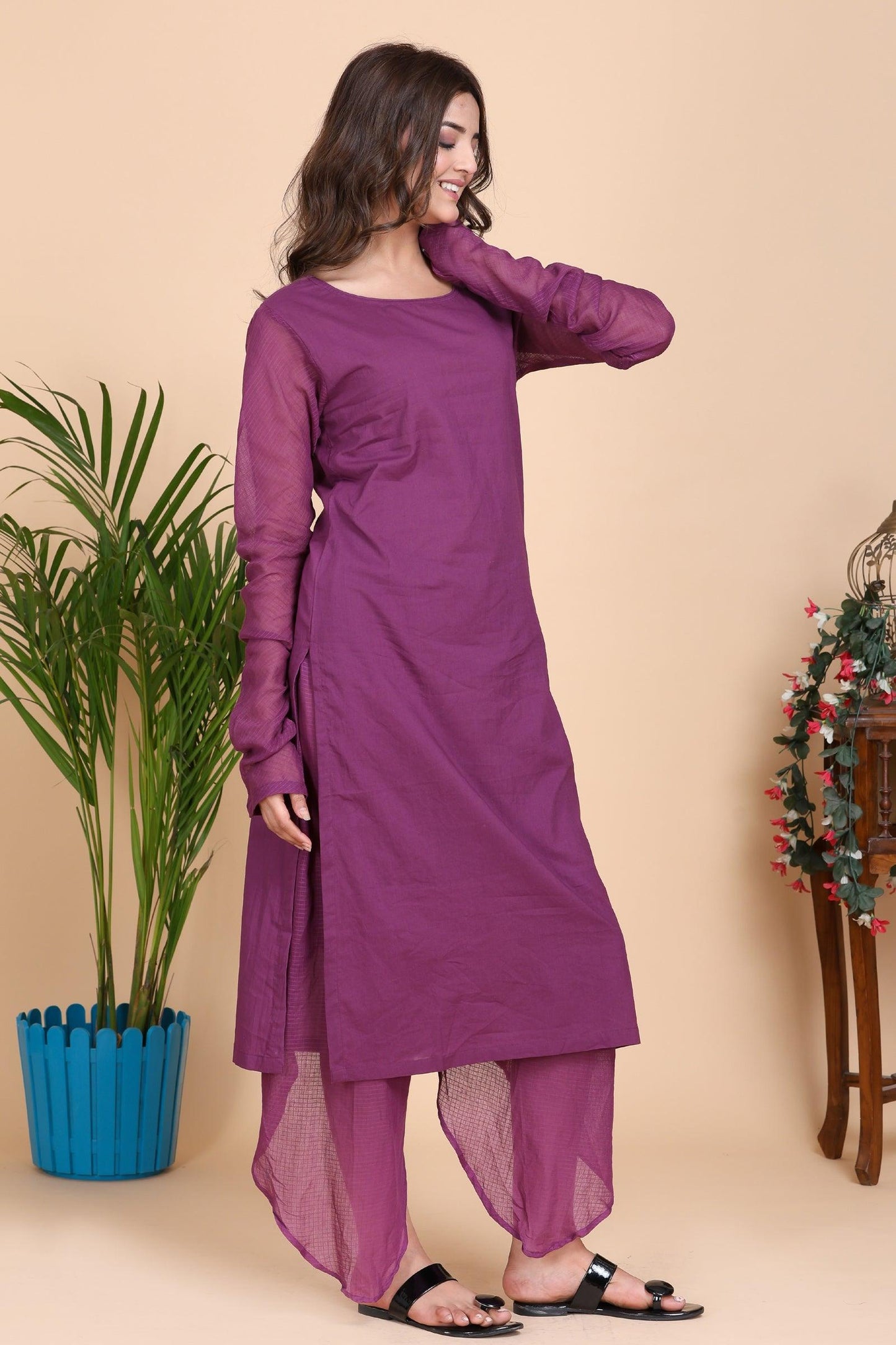 Aseel Purple Kota Kurta Set